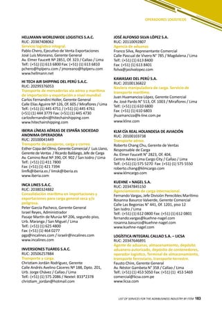 183
HELLMANN WORLDWIDE LOGISTICS S.A.C.
RUC: 20387408062
Servicio logístico integral.
Pablo Chero, Ejecutivo de Venta Exportaciones
José Luis Moreano, Gerente General
Av. Elmer Faucett Nº 2851, Of. 323 / Callao / Lima
Telf.: (+51) (1) 613 6800 Fax: (+51) (1) 613 6810
pchero@hplperu.com / jmoreano@hplperu.com
www.hellmann.net
HI TECH AIR SHIPPING DEL PERÚ S.A.C.
RUC: 20299376053
Transporte de mercaderías via aérea y marítima
de importación y exportación a nivel mundial.
Carlos Fernandini Holler, Gerente General
Calle Elías Aguirre Nº 126, Of. 605 / Miraflores / Lima
Telf.: (+51) (1) 445 4751 / (+51) (1) 445 4761
(+51) (1) 444 3779 Fax: (+51) (1) 445 4730
carlosfernandini@hitechairshipping.com
www.hitechairshipping.com
IBERIA LÍNEAS AÉREAS DE ESPAÑA SOCIEDAD
ANONIMA OPERADORA
RUC: 20100041449
Transporte de pasajeros, carga y correo.
Esther Copa del Olmo, Gerente Comercial / Luis Llano,
Gerente de Ventas / Ricardo Baldargo, Jefe de Carga
Av. Camino Real Nº 390, Of. 902 / San Isidro / Lima
Telf.: (+51) (1) 411 7800
Fax: (+51) (1) 421 7394
limfk@iberia.es / limsk@iberia.es
www.iberia.com
INCA LINES S.A.C.
RUC: 20380324882
Consolidación marítima en importaciones y
exportaciones para carga general seca y/o
peligrosa.
Peter García Pacheco, Gerente General
Israel Reyes, Administrador
Pasaje Martín de Murúa Nº 206, segundo piso,
Urb. Maranga / San Miguel / Lima
Telf.: (+51) (1) 625 4800
Fax: (+51) (1) 464 0277
pgp@incalines.com / israelr@incalines.com
www.incalines.com
INVERSIONES TUAREG S.A.C.
RUC: 20506257884
Transporte y carga.
Christiam Jordán Rodríguez, Gerente
Calle Andrés Avelino Cáceres Nº 188, Dpto. 201,
Urb. Jorge Chávez / Callao / Lima
Telf.: (+51) (1) 575 2086 / Nextel: 833*2378
christiam_jordan@hotmail.com
JOSÉ ALFONSO SILVA LÓPEZ S.A.
RUC: 20110092807
Agencia de aduanas
Franco Silva, Representante Comercial
Calle Pascual de Vivero N° 785 / Magdalena / Lima
Telf.: (+51) (1) 613 8400
Fax: (+51) (1) 613 8401
fsilva@jasilvalopez.com
KAWASAKI DEL PERÚ S.A.
RUC: 20100136822
Naviera manipuladora de carga. Servicio de
transporte marítimo.
Juan Huamanciza López, Gerente Comercial
Av. José Pardo N° 513, Of. 1003 / Miraflores / Lima
Telf.: (+51) (1) 610 6800
Fax: (+51) (1) 610 6803
jhuamanciza@k-line.com.pe
www.kline.com
KLM CÍA REAL HOLANDESA DE AVIACIÓN
RUC: 20100103738
Transporte aéreo.
Roberto Chang Chu, Gerente de Ventas
Responsable de Carga
Av. Elmer Faucett N° 2823, Of. 404,
Centro Aéreo Lima Cargo City / Callao / Lima
Telf.: (+51) (1) 575 5270 Fax: (+51) (1) 575 5550
roberto.chang@klmcargo.com
www.klmcargo.com
KUEHNE + NAGEL S.A.
RUC: 20347845150
Agenciamiento de carga internacional.
Fernando Vargas, Jefe División Perecibles Marítimo
Rosanna Basurco Valverde, Gerente Comercial
Calle Las Begonias N° 441, Of. 1201, piso 12
San Isidro / Lima
Telf.: (+51) (1) 612 0800 Fax: (+51) (1) 612 0801
fernando.vargas@kuehne-nagel.com
rosanna.basurco@kuehne-nagel.com
www.kuehne-nagel.com
LOGÍSTICA INTEGRAL CALLAO S.A. – LICSA
RUC: 20347646891
Agente de aduanas, almacenamiento, depósito
aduanero autorizado, depósito de contenedores,
operador logístico, Terminal de almacenamiento,
transporte ferroviario, transporte terrestre.
Fausto Chire, Gerente General
Av. Néstor Gambeta N° 358 / Callao / Lima
Telf.: (+51) (1) 453 5050 Fax: (+51) (1) 453 5469
comercial@licsa.com.pe
www.licsa.com
LIST OF SERVICES FOR THE AGRIBUSINESS INDUSTRY BY ITEM 183
OPERADORES LOGÍSTICOS
 