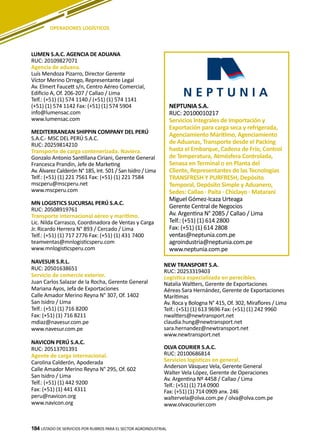 184
LUMEN S.A.C. AGENCIA DE ADUANA
RUC: 20109827071
Agencia de aduana.
Luís Mendoza Pizarro, Director Gerente
Víctor Merino Orrego, Representante Legal
Av. Elmert Faucett s/n, Centro Aéreo Comercial,
Edificio A, Of. 206-207 / Callao / Lima
Telf.: (+51) (1) 574 1140 / (+51) (1) 574 1141
(+51) (1) 574 1142 Fax: (+51) (1) 574 5904
info@lumensac.com
www.lumensac.com
MEDITERRANEAN SHIPPIN COMPANY DEL PERÚ
S.A.C.- MSC DEL PERÚ S.A.C.
RUC: 20259814210
Transporte de carga contenerizada. Naviera.
Gonzalo Antonio Santillana Ciriani, Gerente General
Francesca Prandin, Jefe de Marketing
Av. Álvarez Calderón N° 185, Int. 501 / San Isidro / Lima
Telf.: (+51) (1) 221 7561 Fax: (+51) (1) 221 7584
mscperu@mscperu.net
www.mscperu.com
MN LOGISTICS SUCURSAL PERÚ S.A.C.
RUC: 20508919761
Transporte internacional aéreo y marítimo.
Lic. Nilda Carrasco, Coordinadora de Ventas y Carga
Jr. Ricardo Herrera N° 893 / Cercado / Lima
Telf.: (+51) (1) 717 2776 Fax: (+51) (1) 431 7400
teamventas@mnlogisticsperu.com
www.mnlogisticsperu.com
NAVESUR S.R.L.
RUC: 20501638651
Servicio de comercio exterior.
Juan Carlos Salazar de la Rocha, Gerente General
Mariana Ayos, Jefa de Exportaciones
Calle Amador Merino Reyna N° 307, Of. 1402
San Isidro / Lima
Telf.: (+51) (1) 716 8200
Fax: (+51) (1) 716 8211
mdiaz@navesur.com.pe
www.navesur.com.pe
NAVICON PERÚ S.A.C.
RUC: 20513701391
Agente de carga internacional.
Carolina Calderón, Apoderada
Calle Amador Merino Reyna N° 295, Of. 602
San Isidro / Lima
Telf.: (+51) (1) 442 9200
Fax: (+51) (1) 441 4311
peru@navicon.org
www.navicon.org
NEW TRANSPORT S.A.
RUC: 20253319403
Logística especializada en perecibles.
Natalia Waltters, Gerente de Exportaciones
Aéreas Sara Hernández, Gerente de Exportaciones
Marítimas
Av. Roca y Bologna N° 415, Of. 302, Miraflores / Lima
Telf.: (+51) (1) 613 9696 Fax: (+51) (1) 242 9960
nwaltters@newtransport.net
claudia.hung@newtransport.net
sara.hernandez@newtransport.net
www.newtransport.net
OLVA COURIER S.A.C.
RUC: 20100686814
Servicios logísticos en general.
Anderson Vásquez Vela, Gerente General
Walter Vela López, Gerente de Operaciones
Av. Argentina Nº 4458 / Callao / Lima
Telf.: (+51) (1) 714 0900
Fax: (+51) (1) 714 0909 anx. 246
waltervela@olva.com.pe / olva@olva.com.pe
www.olvacourier.com
LISTADO DE SERVICIOS POR RUBROS PARA EL SECTOR AGROINDUSTRIAL184
OPERADORES LOGÍSTICOS
NEPTUNIA S.A.
RUC: 20100010217
Servicios Integrales de Importación y
Exportación para carga seca y refrigerada,
Agenciamiento Marítimo, Agenciamiento
de Aduanas, Transporte desde el Packing
hasta el Embarque, Cadena de Frío, Control
de Temperatura, Atmósfera Controlada,
Senasa en Terminal o en Planta del
Cliente, Representantes de las Tecnologías
TRANSFRESH Y PURFRESH, Depósito
Temporal, Depósito Simple y Aduanero,
Sedes: Callao ∙ Paita ∙ Chiclayo ∙ Matarani
Miguel Gómez-Icaza Urteaga
Gerente Central de Negocios
Av. Argentina N° 2085 / Callao / Lima
Telf.: (+51) (1) 614 2800
Fax: (+51) (1) 614 2808
ventas@neptunia.com.pe
agroindustria@neptunia.com.pe
www.neptunia.com.pe
 