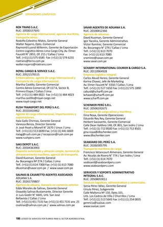 186
ROX TRANS S.A.C.
RUC: 20500157691
Agencia de carga internacional, agencia marítima,
transporte aéreo.
Rodolfo Celestino Matos, Gerente General
Walter Najarro, Dpto. Comercial
Raymond Luond Willemin, Gerente de Exportación
Centro Logístico Aéreo Lima Cargo City, Av. Elmer
Faucett N° 2851, Of. 215 / Callao / Lima
Telf.: (+51) (1) 575 6585 Fax: (+51) (1) 574 6231
roxtrans@terra.com.pe
walter.najarro@roxtrans.com
ROYAL CARGO & SERVICE S.A.C.
RUC: 20521578115
Embarcadores, agente de carga internacional y
transporte de carga internacional.
Martha Castillo, Gerente Comercial
Centro Aéreo Comercial, Of 117 A, Sector B,
Primera Etapa / Callao / Lima
Telf.: (+51) (1) 484 0021 Fax: (+51) (1) 484 4023
martha.castillo@royal-cargo.net
www.royal-cargo.net
RUSH TRANSPORT DEL PERÚ S.A.C.
RUC: 20101810462
Agente de carga internacional, importaciones y
exportaciones.
Itala Gallo Chirinos, Gerente General
Vanessa Benza, Director Gerente
Jr. José Pezet y Monell N° 2670 / Lince / Lima
Telf.: (+51) (1) 513 6690 Fax: (+51) (1) 441 6669
italag@rush.com.pe / recepcion@rush.com.pe
www.rushperu.com
SAKJ DEPOT S.A.C.
RUC: 20504363903
Depósito autorizado y almacén simple, terminal de
almacenamiento marítimo, agencia de transporte.
David Kuoman, Gerente General
Av. Bocanegra Nº 274 / Callao / Lima
Telf.: (+51) (1) 614 7300 Fax: (+51) (1) 613 7080
dkuoman@savar.com.pe / www.savar.com.pe
SALINAS & CASARETTO AGENTES ASOCIADOS
ADUANA S.A.
RUC: 20265739807
Agencia de aduana. Asesoría en comercio exterior.
Edda Morales de Salinas, Gerente General
Oswaldo Salinas Bustamante, Director Gerente
Jr. Luis Godín N° 4445, Urb. San José
Bellavista / Callao / Lima
Telf.: (+51) (1) 451 7131 Fax: (+51) (1) 451 7131 anx. 25
osalinas@salinas.com.pe / www.salinas.com.pe
LISTADO DE SERVICIOS POR RUBROS PARA EL SECTOR AGROINDUSTRIAL186
OPERADORES LOGÍSTICOS
SAVAR AGENTES DE ADUANA S.A.
RUC: 20100412366
Agencia de aduanas.
David Kuoman, Gerente General
Igor Yacolca, Gerente Administrativo
Víctor Ramírez, Gerente Comercial
Av. Bocanegra N° 274 / Callao / Lima
Telf.: (+51) (1) 613 7070
Fax: (+51) (1) 613 7080
vramirez@savar.com.pe
www.savar.com.pe
SCHARFF INTERNATIONAL COURIER & CARGO S.A.
RUC: 20110964928
Empresa logística integral.
Carlos Abuid Heresi, Gerente General
Karina Chavez, Jefe de Marketing
Av. Elmer Faucett N° 3350 / Callao / Lima
Telf.: (+51) (1) 517 1650 Fax: (+51) (1) 575 1890
cabuid@scharff.com.pe
kchavez@scharff.com.pe
www.scharff.com.pe
SCHENKER PERÚ S.R.L.
RUC: 20506592675
Transporte de carga aérea y marítima.
Gina Noya, Gerente Operaciones
Eduardo Rey Rey, Gerente General
Herbert Sacovertiz, Gerente Comercial
Calle Dean Valdivia 148, Of. 801, San Isidro / Lima
Telf.: (+51) (1) 712 8500 Fax: (+51) (1) 712 8501
gina.noya@dbschenker.com
www.dbschenker.com
SEABOARD DEL PERÚ S.A.
RUC: 20260305795
Transporte marítimo de carga.
Francisco Vetancourt Almenara, Gerente General
Av. Nicolás de Rivera N° 774 / San Isidro / Lima
Telf.: (+51) (1) 614 7070
seaboard@seaboardperu.com
www.seaboardperu.com
SERVICIOS Y SOPORTE ADMINISTRATIVO
INTEGRAL S.A.C.
RUC: 20508053011
Servicios logísticos, administrativos y comerciales.
Sonia Pérez Vélez, Gerente General
Úrsula Pérez, Subgerente
Calle Mallorca Nº 150, Dpto.101,
Urb. Los Cedros de Villa / Chorrillos / Lima
Telf.: (+51) (1) 513 5643 Fax: (+51) (1) 254 0835
gerencia@ssaisac.com
www.ssaisac.com
 