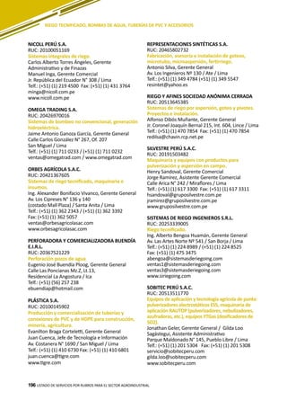 196
NICOLL PERÚ S.A.
RUC: 20100051169
Sistemas integrales de riego.
Carlos Alberto Torres Ángeles, Gerente
Administrativo y de Finazas
Manuel Inga, Gerente Comercial
Jr. República del Ecuador N° 308 / Lima
Telf.: (+51) (1) 219 4500 Fax: (+51) (1) 431 3764
minga@nicoll.com.pe
www.nicoll.com.pe
OMEGA TRADING S.A.
RUC: 20426970016
Sistemas de bombeo no convencional, generación
hidroeléctrica.
Jaime Antonio Ganoza García, Gerente General
Calle Carlos González N° 267, Of. 207
San Miguel / Lima
Telf.: (+51) (1) 711 0233 / (+51) (1) 711 0232
ventas@omegatrad.com / www.omegatrad.com
ORBES AGRÍCOLA S.A.C.
RUC: 20421367605
Sistemas de riego tecnificado, maquinaria e
insumos.
Ing. Alexander Bonifacio Vivanco, Gerente General
Av. Los Cipreses N° 136 y 140
(costado Mall Plaza) / Santa Anita / Lima
Telf.: (+51) (1) 362 2343 / (+51) (1) 362 3392
Fax: (+51) (1) 362 5057
ventas@orbesagricolasac.com
www.orbesagricolasac.com
PERFORADORA Y COMERCIALIZADORA BUENDÍA
E.I.R.L.
RUC: 20367521229
Perforación pozos de agua
Eugenio José Buendía Ploog, Gerente General
Calle Las Poncianas Mz.Z, Lt.13,
Residencial La Angostura / Ica
Telf.: (+51) (56) 257 238
ebuendiap@hotmail.com
PLÁSTICA S.A.
RUC: 20100145902
Producción y comercialización de tuberías y
conexiones de PVC y de HDPE para construcción,
minería, agricultura.
Evanilton Braga Corteletti, Gerente General
Juan Cuenca, Jefe de Tecnología e Información
Av. Costanera N° 1690 / San Miguel / Lima
Telf.: (+51) (1) 410 6730 Fax: (+51) (1) 410 6801
juan.cuenca@tigre.com
www.tigre.com
REPRESENTACIONES SINTÉTICAS S.A.
RUC: 20465802732
Fabricación, asesoría e instalación de goteos,
microtubo, microaspersión, fertirriego.
Antonio Silva, Gerente General
Av. Los Ingenieros Nº 130 / Ate / Lima
Telf.: (+51) (1) 349 4784 (+51) (1) 349 5547
resintet@yahoo.es
RIEGO Y AFINES SOCIEDAD ANÓNIMA CERRADA
RUC: 20513645385
Sistemas de riego por aspersión, goteo y pivotes.
Proyectos e instalación.
Alfonso Dibós Muñante, Gerente General
Jr. Coronel Joaquín Bernal 215, Int. 604, Lince / Lima
Telf.: (+51) (1) 470 7854 Fax: (+51) (1) 470 7854
redilsa@chavin.rcp.net.pe
SILVESTRE PERÚ S.A.C.
RUC: 20191503482
Maquinaria y equipos con productos para
pulverización y aspersión en campo.
Henry Sandoval, Gerente Comercial
Jorge Ramírez, Asistente Gerente Comercial
Calle Arica N° 242 / Miraflores / Lima
Telf.: (+51) (1) 617 3300 Fax: (+51) (1) 617 3311
hsandoval@gruposilvestre.com.pe
jramirez@gruposilvestre.com.pe
www.gruposilvestre.com.pe
SISTEMAS DE RIEGO INGENIEROS S.R.L.
RUC: 20253339005
Riego tecnificado.
Ing. Alberto Bengoa Huamán, Gerente General
Av. Las Artes Norte Nº 541 / San Borja / Lima
Telf.: (+51) (1) 224 8989 / (+51) (1) 224 8525
Fax: (+51) (1) 475 3475
abengoa@sistemasderiegoing.com
ventas1@sistemasderiegoing.com
ventas3@sistemasderiegoing.com
www.siriegoing.com
SOBITEC PERÚ S.A.C.
RUC: 20513511770
Equipos de aplicación y tecnología agrícola de punta:
pulverizadores electrostáticos ESS, maquinaria de
aplicación RAUTOP (pulverizadores, nebulizadores,
azufradoras, etc.), equipos YTGas (dosificadores de
SO2).
Jonathan Geler, Gerente General / Gilda Loo
Sagástegui, Asistente Administrativo
Parque Maldonado N° 145, Pueblo Libre / Lima
Telf.: (+51) (1) 201 5304 Fax: (+51) (1) 201 5308
servicio@sobitecperu.com
gilda.loo@sobitecperu.com
www.sobitecperu.com
LISTADO DE SERVICIOS POR RUBROS PARA EL SECTOR AGROINDUSTRIAL196
RIEGO TECNIFICADO, BOMBAS DE AGUA, TUBERÍAS DE PVC Y ACCESORIOS
 
