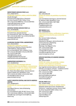 204
INSPECTORATE SERVICES PERÚ S.A.C.
RUC: 20385739771
Certificación, inspección, análisis, control de calidad.
Claudio Barragan
Gerente de Área Agricultura y Pesquería
Av. Elmer Faucett N° 444 / Callao / Lima
Telf.: (+51) (1) 613 8080 Fax: (+51) (1) 628 9016
insperu@inspectorate.com.pe
www.inspectorate.com.pe
INTERTEK TESTING SERVICES PERÚ S.A.
RUC: 20106498386
Análisis y certificación de productos.
Fernando Fossa, Gerente General
Av. Universitaria N° 1045 / San Miguel / Lima
Telf.: (+51) (1) 562 0022 Fax: (+51) (1) 562 0015
intertekperu@intertek.com
www.intertek.com
LA MOLINA CALIDAD TOTAL LABORATORIOS
RUC: 20101259014
Certificación, inspección y ensayos.
Raúl Porturas Olaechea, Director Ejecutivo
Judith Ildefonso, Administradora
Av. La Universidad N° 595, La Molina / Lima
Telf.: (+51) (1) 349 5640 / (+51) (1) 349 2507
Fax: (+51) (1) 349 5794
calitot@lamolina.edu.pe
mkpg@calidadlaboratorios.com
www.lamolina.edu.pe/calidadtotal
LABORATORIO MICROBIOL S.A.
RUC: 20100942918
Especialistas en Microbiología Aplicada.
Servicios: análisis microbiológicos, asesoramiento
y capacitación en todos los campos relacionados
con alimentos, aguas, agroindustria, etc.
Dra. María Alina Ratto Salazar, Gerenta General
Joaquín Capello 222 / Miraflores / Lima
Telf.: (+51) (1) 221 4298 / (+51) (1) 441 3939
microbiol@microbiol.com.pe
www.microbiol.com.pe
LLOYD´S REGISTER CENTRAL AND SOUTH AMERICA
LIMITED
RUC: 20508916079
Certificación de sistemas de gestión de calidada y
barcos.
José Miguel Moreno, Sales & Marketing
Administrator
Av. La Encalada Nº 1420, Of. 602 / Surco / Lima
Telf.: (+51) (1) 622 2090 Fax: (+51) (1) 622 2093
callao@lr.org / josemiguel.moreno@lr.org
www.lr.org
LISTADO DE SERVICIOS POR RUBROS PARA EL SECTOR AGROINDUSTRIAL204
SUPERVISIÓN Y CONTROL DE CALIDAD
L-REP S.A.C.
RUC: 20515401238
Análisis de residuos de pesticidas en productos
frescos.
Juan José Balestra Domínguez, Gerente General
Av. Reducto 1346 / Miraflores / Lima
Telf.: (+51) (1) 266 4604 / 405*1800
gbb@qtsanalitica.com
l-rep@qtsanalitica.com
www.qtsanalitica.com
NSF INASSA S.A.C.
RUC: 20100346479
Laboratorio de análisis, certificadora, inspectora,
supervisora de productos para control de
calidad.
Dra. Carmen Catter de Bueno,
Gerente General
Sebastianino Mengoni, Jefe de División de
Comercialización y Marketing
Av. La Marina Nº 3035,
Maranga / San Miguel / Lima
Telf.: (+51) (1) 616 5200
Fax: (+51) (1) 616 5216
smengoni@inassagroup.com.pe
inassa@inassagroup.com.pe
www.inassagroup.com.pe
SERVICIO NACIONAL DE SANIDAD AGRARIA
SENASA
RUC: 20131373075
Análisis de residuos de pesticidas, metales
pesados y otros tóxicos en productos
agropecuarios destinados al consumo humano.
Ing. Jorge Barrenechea Cabrera, Jefe Nacional
Orlando Lucas Aguirre, Director - Unidad de Control
Av. La Molina N° 1915 / La Molina / Lima
Telf.: (+51) (1) 313 3300
Fax: (+51) (1) 340 1486
jbarrenechea@senasa.gob.pe
olucas@senasa.gob.pe
www.senasa.gob.pe
SGS DEL PERÚ S.A.C.
RUC: 20100114349
Laboratorio y certificador de calidad. Análisis.
Alejandro Gómez de la Torre, Presidente de
Directorio / Jorge Bazo Cannock, Service Head
Av. Elmer Faucett Nº 3348 / Callao / Lima
Telf.: (+51) (1) 517 1900
Fax: (+51) (1) 575 4089
jorge.bazo@sgs.com
www.pe.sgs.com
 