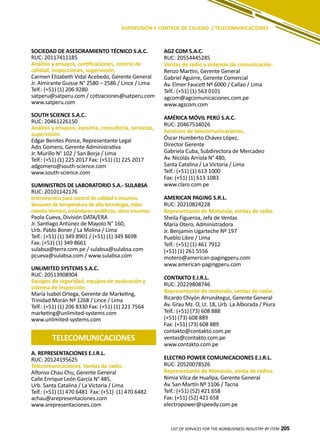 205
SUPERVISIÓN Y CONTROL DE CALIDAD / TELECOMUNICACIONES
TELECOMUNICACIONES
SOCIEDAD DE ASESORAMIENTO TÉCNICO S.A.C.
RUC: 20117411185
Análisis y ensayos, certificaciones, control de
calidad, inspecciones, supervisión.
Carmen Elizabeth Vidal Acebedo, Gerente General
Jr. Almirante Guisse N° 2580 – 2586 / Lince / Lima
Telf.: (+51) (1) 206 9280
satperu@satperu.com / cotizaciones@satperu.com
www.satperu.com
SOUTH SCIENCE S.A.C.
RUC: 20461226150
Análisis y ensayos, asesoría, consultoría, servicios,
supervisión.
Edgar Benites Ponce, Representante Legal
Adis Gomero, Gerente Administrativa
Jr. Murillo N° 102 / San Borja / Lima
Telf.: (+51) (1) 225 2017 Fax: (+51) (1) 225 2017
adgomero@south-science.com
www.south-science.com
SUMINISTROS DE LABORATORIO S.A.- SULABSA
RUC: 20101142176
Instrumentos para control de calidad e insumos.
Sensores de temperatura de alta tecnología, trata-
miento térmico, estándares analíticos, otros insumos.
Paola Cueva, División DATA/ERA
Jr. Santiago Antúnez de Mayolo N° 160,
Urb. Pablo Boner / La Molina / Lima
Telf.: (+51) (1) 349 8901 / (+51) (1) 349 8698
Fax: (+51) (1) 349 8661
sulabsa@terra.com.pe / sulabsa@sulabsa.com
pcueva@sulabsa.com / www.sulabsa.com
UNLIMITED SYSTEMS S.A.C.
RUC: 20513908904
Equipos de seguridad, equipos de evaluación y
sistema de inspección.
María Isabel Ortega, Gerente de Marketing,
Trinidad Morán Nº 1268 / Lince / Lima
Telf.: (+51) (1) 206 8330 Fax: (+51) (1) 221 7564
marketing@unlimited-systems.com
www.unlimited-systems.com
AGZ COM S.A.C.
RUC: 20554445285
Ventas de radio y sistemas de comunicación.
Renzo Martini, Gerente General
Gabriel Aguirre, Gerente Comercial
Av. Elmer Faucett Nº 6000 / Callao / Lima
Telf.: (+51) (1) 563 0101
agcom@agcomunicaciones.com.pe
www.agzcom.com
AMÉRICA MÓVIL PERÚ S.A.C.
RUC: 20467534026
Servicios de telecomunicaciones.
Óscar Humberto Chávez López,
Director Gerente
Gabriela Cuba, Subdirectora de Mercadeo
Av. Nicolás Arriola N° 480,
Santa Catalina / La Victoria / Lima
Telf.: (+51) (1) 613 1000
Fax: (+51) (1) 613 1083
www.claro.com.pe
AMERICAN PAGING S.R.L.
RUC: 20210824228
Representante de Motorola, ventas de radio.
Sheila Figueroa, Jefa de Ventas
María Otero, Administradora
Jr. Benjamín Ugarteche Nº 197
Pueblo Libre / Lima
Telf.: (+51) (1) 461 7912
(+51) (1) 261 5556
motero@american-pagingperu.com
www.american-pagingperu.com
CONTAKTO E.I.R.L.
RUC: 20229808746
Representante de motorola, ventas de radio.
Ricardo Chiyón Arrunátegui, Gerente General
Av. Grau Mz. O, Lt. 18, Urb. La Alborada / Piura
Telf.: (+51) (73) 608 888
(+51) (73) 608 889
Fax: (+51) (73) 608 889
contakto@contakto.com.pe
ventas@contakto.com.pe
www.contakto.com.pe
ELECTRO POWER COMUNICACIONES E.I.R.L.
RUC: 20520078526
Representante de Motorola, venta de radios.
Nimia Vilca de Huallpa, Gerente General
Av. San Martín Nº 1106 / Tacna
Telf.: (+51) (52) 421 658
Fax: (+51) (52) 421 658
electropower@speedy.com.pe
LIST OF SERVICES FOR THE AGRIBUSINESS INDUSTRY BY ITEM 205
A. REPRESENTACIONES E.I.R.L.
RUC: 20124195625
Telecomunicaciones. Ventas de radio.
Alfonso Chau Chu, Gerente General
Calle Enrique León García N° 485,
Urb. Santa Catalina / La Victoria / Lima
Telf.: (+51) (1) 470 6481 Fax: (+51) (1) 470 6482
achau@arepresentaciones.com
www.arepresentaciones.com
 