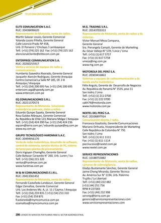 206
M.G. TRADING S.R.L.
RUC: 20143703313
Representante de Motorola, venta de radios y de
sistemas.
Víctor Manuel Meza Campana,
Gerente General
Sra. Pierangela Campili, Gerente de Marketing
Av. César Vallejo N° 578 / Lince / Lima
Telf.: (+51) (1) 617 5757
Fax: (+51) (1) 617 5758
vmeza@mg.com.pe
www.mg.com.pe
MOTOROLA DEL PERÚ S.A.
RUC: 20303416863
Sistemas y equipos de radiocomunicación y de
banda ancha inalámbrica.
Félix Angulo, Gerente de Desarrollo de Negocios
Av. República de Panamá N° 3535, piso 11
San Isidro / Lima
Telf.: (+51) (1) 211 0700
Fax: (+51) (1) 222 0700
cpkh74@motorola.com
www.motorola.com.pe
NEXTEL DEL PERÚ S.A.
RUC: 20106897914
Comunicación directa / radio.
Francesca Goytizolo, Gerente Comunicaciones
Mariano Orihuela, Vicepresidente de Marketing
Calle República de Colombia N° 791
San Isidro / Lima
Telf.: (+51) (1) 611 1111
Fax: (+51) (1) 611 1114
pierina.toce@nextel.com.pe
www.nextel.com.pe
SERVICE REPRESENTACIONES
RUC: 10188755882
Representante de Motorola, venta de radios,
cámaras de videovigilancia.
Gladys Bustamante Sánchez, Gerente General
Jaime Cheng Miranda, Gerente Técnico
Av. América Sur N° 1194, Urb. Palermo
Trujillo / La Libertad
Telf.: (+51) (44) 222 482
(+51) (44) 251 756
RPM # 227283
Fax: (+51) (44) 232 998
servrep@terra.com.pe
gerencia@servicerepresentaciones.com
www.servicerepresentaciones.com
LISTADO DE SERVICIOS POR RUBROS PARA EL SECTOR AGROINDUSTRIAL206
ELITE COMUNICATION S.A.C.
RUC: 20438496620
Representante de Motorola, venta de radios.
Martín Salazar Lossio, Gerente Comercial
Yolanda Lossio Piñella, Gerente General
Calle Leoncio Prado Nº 458,
Urb. El Porvenir / Chiclayo / Lambayeque
Telf.: (+51) (74) 225 162 Fax: (+51) (74) 225 162
atencionalcliente@elitecom.com.pe
ENTERPRISE COMMUNICATION S.A.
RUC: 20260255917
Venta y servicio de equipos de radio y
comunicaciones.
Humberto Saavedra Alvarado, Gerente General
Jacquelin Alarcón Rodríguez, Gerente Arequipa
Centro Comercial La Salle Nº 185, Of. 2-8
Arequipa / Arequipa
Telf.: (+51) (54) 200 695 Fax: (+51) (54) 200 695
entercom-aqp@speedy.com.pe
www.entercom.com.pe
EQ COMUNICACIONES S.R.L.
RUC: 20211370573
Representante de Motorola. Soluciones
inalámbricas para voz, datos y video.
Eduardo Quispe Zapata, Gerente General
Rosa Galdos Márquez, Gerente Comercial
Av. República de Chile 123, Mariano Melgar / Arequipa
Telf.: (+51) (54) 424 200 Fax: (+51) (54) 424 236
eqcom@terra.com.pe / eduardo.quispe@eq.com.pe
www.eq.com.pe
GRUPO TECNOLÓGICO HARDMAX S.A.C.
RUC: 20494956170
Venta de redes inalámbricas, desarrollo de software,
control de asistencia, servicio técnico de PC, sistema
de tareo para plantas de procesamiento.
Doris Irigoyen Chamgllio, Gerente General
Calle Baltazar Caravedo N° 260, Urb. Luren / Ica
Telf.: (+51) (56) 215 320
ventas@hardmax.com.pe
www.hardmax.com.pe
M & M COMUNICACIONES E.I.R.L.
RUC: 20413361452
Representante de Motorola, venta de radios.
Fernando Castañeda Landázuri, Gerente General
Edgar Zamalloa, Gerente Comercial
Urb. Los Andenes Mz. A, Lt. 11 / Cayma / Arequipa
Telf.: (+51) (54) 259 835 / (+51) (54) 253 310
Fax: (+51) (54) 259 871
fcastaneda@mymcomunica.com.pe
ezamalloa@mymcomunica.com.pe
TELECOMUNICACIONES
 