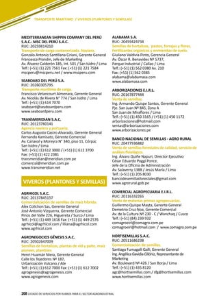 208
TRANSPORTE MARÍTIMO / VIVEROS (PLANTONES Y SEMILLAS)
LISTADO DE SERVICIOS POR RUBROS PARA EL SECTOR AGROINDUSTRIAL208
MEDITERRANEAN SHIPPIN COMPANY DEL PERÚ
S.A.C.- MSC DEL PERÚ S.A.C.
RUC: 20259814210
Transporte de carga contenerizada. Naviera.
Gonzalo Antonio Santillana Ciriani, Gerente General
Francesca Prandin, Jefe de Marketing
Av. Álvarez Calderón 185, Int. 501 / San Isidro / Lima
Telf.: (+51) (1) 221 7561 Fax: (+51) (1) 221 7584
mscperu@mscperu.net / www.mscperu.com
SEABOARD DEL PERÚ S.A.
RUC: 20260305795
Transporte marítimo de carga.
Francisco Vetancourt Almenara, Gerente General
Av. Nicolás de Rivera N° 774 / San Isidro / Lima
Telf.: (+51) (1) 614 7070
seaboard@seaboardperu.com
www.seaboardperu.com
TRANSMERIDIAN S.A.C.
RUC: 20123760141
Agencia naviera y portuaria.
Carlos Augusto Castro Alvarado, Gerente General
Fernando Kamisato, Gerente Comercial
Av. Canaval y Moreyra N° 340, piso 11, Córpac
San Isidro / Lima
Telf.: (+51) (1) 612 3000 / (+51) (1) 612 3700
Fax: (+51) (1) 422 2381
transmeridian@meridian.com.pe
comercial@meridian.com.pe
www.transmeridian.net
ALABAMA S.A.
RUC: 20459424734
Semillas de hortalizas, pastos, forrajes y flores.
Fertilizantes orgánicos y enmiendas de suelo.
Giuliano Valdivia Pinto, Gerencia General
Av. Óscar R. Benavides Nº 5737,
Parque Industrial / Callao / Lima
Telf.: (+51) (1) 562 0380 Ax. 210
Fax: (+51) (1) 562 0385
alabama@alabamasa.com
www.alabamasa.com
ARBORIZACIONES E.I.R.L.
RUC: 20167877444
Venta de semillas.
Ing. Armando Quispe Santos, Gerente General
Pje. San Juan Nº 845, Zona A
San Juan de Miraflores / Lima
Telf.: (+51) (1) 450 3165 / (+51) (1) 450 1172
arborizaciones@hotmail.com
ventas@arborizaciones.com
www.arborizaciones.pe
BANCO NACIONAL DE SEMILLAS - AGRO RURAL
RUC: 20477936882
Venta de semillas forestales de calidad, servicio de
análisis fisiológico.
Ing. Álvaro Quiñe Napuri, Director Ejecutivo
César Eduardo Poggi Ponce,
Jefe de la Oficina de Administración
Av. Salaverry 1388 / Jesús María / Lima
Telf.: (+51) (1) 205 8030
bancodesemillasforestales@gmail.com
www.agrorural.gob.pe
COMERCIAL AGROPECUARIA E.I.R.L.
RUC: 20116332265
Venta de materias primas agropecuarias.
Guillermo Quispe Mayta, Gerente General
Demetrio Cruz Noa, Gerente Comercial
Av. de la Cultura Nº 230 - C / Wanchaq / Cusco
Telf.: (+51) (84) 239 932
comagroeirl@comagro.com.pe
comagroeirl@hotmail.com / www.comagro.com.pe
HORTISEMILLAS S.A.C.
RUC: 20511686238
Comercialización de semillas.
Santiago Fumagalli Galli, Gerente General
Ing.AngélicaGavidiaCillóniz,Representantede
Marketing
Av. Boulevard Nº 426 / San Borja / Lima
Telf.: (+51) (1) 435 8120
agc@hortisemillas.com / sfg@hortisemillas.com
www.hortisemillas.com
VIVEROS (PLANTONES Y SEMILLAS)
AGRHICOL S.A.C.
RUC: 20137845157
Comercialización de semillas de maíz híbrido.
Alex Colichon Sas, Gerente General
José Antonio Vizquerra, Gerente Comercial
Pinos del Valle 226, Higuereta / Surco / Lima
Telf.: (+51) (1) 449 1616 Fax: (+51) (1) 449 2576
agrhicol@agrhicol.com / liliana@agrhicol.com
www.agrhicol.com
AGRONEGOCIOS GÉNESIS S.A.C.
RUC: 20502647009
Semillas de hortalizas, plantas de vid y palto, maíz
pioneer, plantines
Henri Huamán Mera, Gerente General
Calle los Tejedores Nº 187,
Urbanización Vulcano / Ate
Telf.: (+51) (1) 612 7000 Fax: (+51) (1) 612 7002
agrogenesis@agrogenesis.com
www.agrogenesis.com
 