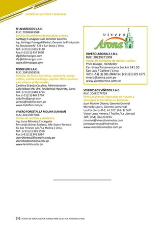 210
VIVEROS (PLANTONES Y SEMILLAS)
LISTADO DE SERVICIOS POR RUBROS PARA EL SECTOR AGROINDUSTRIAL210
SF ALMÁCIGOS S.A.C.
RUC: 20386943088
Servicio de plantines de hortalizas y otros.
Santiago Fumagalli Galli, Director Gerente
Ing. Santiago Fumagalli Pastori, Gerente de Producción
Av. Boulevard N° 426 / San Borja / Lima
Telf.: (+51) (1) 435 8120
Fax: (+51) (1) 437 2650
sfg@sfalmacigos.com
sfp@sfalmacigos.com
www.sfalmacigos.com
TODOFLOR S.A.C.
RUC: 20453959016
Semillas de flores, hortalizas, zanahoria, arveja,
coliflor, vainita,espárrago, páprika. Otros insumos
para viveros profesionales.
Carolina Granda Casalino, Administración
Calle Bilbao M8, Urb. Residencial Higuereta, Surco
Telf.: (+51) (1) 448 1794
Fax: (+51) (1) 448 1794
todoflor@gmail.com
ventas@todoflor.com.pe
www.todoflor.com.pe
VIVERO FORESTAL LA MOLINA (UNALM)
RUC: 20147897406
Ventas de semillas y plantones.
Ing. Luisa Morales, Encargada
Fernando Bulnes Soriano, Jefe Vivero Forestal
Av. Los Fresnos s/n / La Molina / Lima
Telf.: (+51) (1) 365 5558
Fax: (+51) (1) 349 2634
viveroforestal@lamolina.edu.pe
vforestal@lamolina.edu.pe
www.lamolina.edu.pe
VIVEROS LOS VIÑEDOS S.A.C.
RUC: 20482074724
Venta de plantas ingertadas de frutales y
almacigos de hortalizas en bandejas.
Juan Munive Olivera, Gerente General
Mercedes Auris, Gerente Comercial
Los Cocoteros D-7, Int.107, Urb. El Golf
Víctor Larco Herrera / Trujillo / La Libertad
Telf.: (+51) (56) 272194
cmunive@viverolosvinedos.com
jamoviverossac@hotmail.es
www.viveroslosvinedos.com.pe
VIVERO ARONA E.I.R.L.
RUC: 20289271008
Ventas de plantones de cítricos y paltas.
Ynés Quispe, Vendedor
Carretera Panamericana Sur km 141.50
San Luis / Cañete / Lima
Telf.: (+51) (1) 581 2866 Fax: (+51) (1) 225 1075
vivero@arona.com.pe
www.viveroarona.com.pe
 