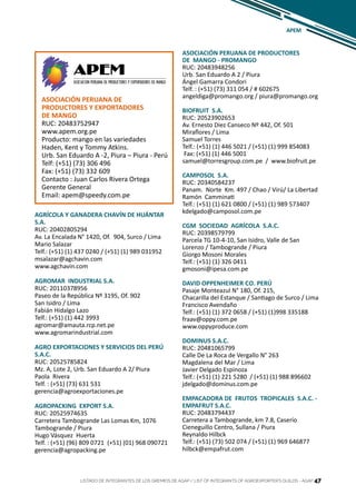 47
AGRÍCOLA Y GANADERA CHAVÍN DE HUÁNTAR
S.A.
RUC: 20402805294
Av. La Encalada N° 1420, Of. 904, Surco / Lima
Mario Salazar
Telf.: (+51) (1) 437 0240 / (+51) (1) 989 031952
msalazar@agchavin.com
www.agchavin.com
AGROMAR INDUSTRIAL S.A.
RUC: 20110378956
Paseo de la República Nº 3195, Of. 902
San Isidro / Lima
Fabián Hidalgo Lazo
Telf.: (+51) (1) 442 3993
agromar@amauta.rcp.net.pe
www.agromarindustrial.com
AGRO EXPORTACIONES Y SERVICIOS DEL PERÚ
S.A.C.
RUC: 20525785824
Mz. A, Lote 2, Urb. San Eduardo A 2/ Piura
Paola Rivera
Telf. : (+51) (73) 631 531
gerencia@agroexportaciones.pe
AGROPACKING EXPORT S.A.
RUC: 20525974635
Carretera Tambogrande Las Lomas Km, 1076
Tambogrande / Piura
Hugo Vásquez Huerta
Telf. : (+51) (96) 809 0721 (+51) (01) 968 090721
gerencia@agropacking.pe
ASOCIACIÓN PERUANA DE PRODUCTORES
DE MANGO - PROMANGO
RUC: 20483948256
Urb. San Eduardo A 2 / Piura
Ángel Gamarra Condori
Telf. : (+51) (73) 311 054 / # 602675
angeldiga@promango.org / piura@promango.org
BIOFRUIT S.A.
RUC: 20523902653
Av. Ernesto Diez Canseco Nº 442, Of. 501
Miraflores / Lima
Samuel Torres
Telf.: (+51) (1) 446 5021 / (+51) (1) 999 854083
Fax: (+51) (1) 446 5001
samuel@torresgroup.com.pe / www.biofruit.pe
CAMPOSOL S.A.
RUC: 20340584237
Panam. Norte Km. 497 / Chao / Virú/ La Libertad
Ramón Camminati
Telf.: (+51) (1) 621 0800 / (+51) (1) 989 573407
kdelgado@camposol.com.pe
CGM SOCIEDAD AGRÍCOLA S.A.C.
RUC: 20398579799
Parcela TG 10-4-10, San Isidro, Valle de San
Lorenzo / Tambogrande / Piura
Giorgo Mosoni Morales
Telf.: (+51) (1) 326 0411
gmosoni@ipesa.com.pe
DAVID OPPENHEIMER Co. PERÚ
Pasaje Monteazul N° 180, Of. 215,
Chacarilla del Estanque / Santiago de Surco / Lima
Francisco Avendaño
Telf.: (+51) (1) 372 0658 / (+51) (1)998 335188
fraav@oppy.com.pe
www.oppyproduce.com
DOMINUS S.A.C.
RUC: 20481065799
Calle De La Roca de Vergallo N° 263
Magdalena del Mar / Lima
Javier Delgado Espinoza
Telf.: (+51) (1) 221 5280 / (+51) (1) 988 896602
jdelgado@dominus.com.pe
EMPACADORA DE FRUTOS TROPICALES S.A.C. -
EMPAFRUT S.A.C.
RUC: 20483794437
Carretera a Tambogrande, km 7.8, Caserío
Cieneguillo Centro, Sullana / Piura
Reynaldo Hilbck
Telf.: (+51) (73) 502 074 / (+51) (1) 969 646877
hilbck@empafrut.com
ASOCIACIÓN PERUANA DE
PRODUCTORES Y EXPORTADORES
DE MANGO
RUC: 20483752947
www.apem.org.pe
Producto: mango en las variedades
Haden, Kent y Tommy Atkins.
Urb. San Eduardo A -2, Piura – Piura - Perú
Telf: (+51) (73) 306 496
Fax: (+51) (73) 332 609
Contacto : Juan Carlos Rivera Ortega
Gerente General
Email: apem@speedy.com.pe
APEM
LISTADO DE INTEGRANTES DE LOS GREMIOS DE AGAP / LIST OF INTEGRANTS OF AGROEXPORTER’S GUILDS - AGAP 47
 