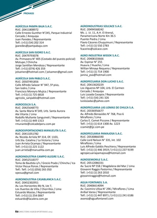 60
AGRÍCOLA PAMPA BAJA S.A.C.
RUC: 20411808972
Calle Ernesto Gunther N°245, Parque Industrial
Cercado / Arequipa
Juan Paredes / Representante
Telf.: (+51) (54) 202 314
jparedes@pampabaja.com
AGRÍCOLA SAN ISIDRO S.A.C.
RUC: 20479793078
Av. Primavera N° 405 (Costado del puesto policial)
Motupe / Chincha
Jorge Santillan Mendoza / Representante
Telf.: (+51) (074) 426 359
jolsamen@hotmail.com / jolsamen@gmail.com
AGRÍCOLA SAN PABLO S.A.C.
RUC: 20507491856
Calle Alfredo Salazar N° 947, 5º piso,
San Isidro / Lima
Francisco Moreyra Mujica / Representante
Telf.: (+51) (1) 725 6818
agricola_sanpablo@hotmail.com
AGROCOLCA S.A.
RUC: 20425648773
Av. Santa María N°249, Urb. Santa Aurora
Ate Vitarte / Lima
Rodolfo Muñante Sanguineti / Representante
Telf.: (+51) (1) 449 1313
rmunante@colcadelperu.com.pe
AGROEXPORTACIONES MANUELITA S.A.C.
RUC: 20411051782
Av. Nicolás Arriola Nº 314, Of. 1103,
Urb.Sta. Catalina / La Victoria / Lima
Juan Arrieta Ocampo / Representante
Telf.: (+51) (1) 225 1122
juan.arrieta@manuelita.com.pe
AGROINDUSTRIA CAMPO ALEGRE S.A.C.
RUC: 20452518377
Toma de Bautista s/n / Grocio Prado / Chincha / Ica
Victor Pezua Ponze / Representante
Telf.: Telf.: (+51) (056) 265 050
vpezua@gmail.com
AGROINDUSTRIA CASABLANCA S.A.C.
RUC: 20452302951
Av. Los Horizontes Mz N, Lte 7,
Los Huertos de Villa / Chorrillos / Lima
Estuardo Masías / Representante
Telf.: (+51) (1) 254 0067
estuardo@lacalera.com.pe
AGROINDUSTRIAS SOLCACE S.A.C.
RUC: 20494568242
Mz. J, Lt. 11, A.H. El Arenal,
Panamericana Norte Km 36.5
Puente Piedra / Lima
Flavio Cáceres Chuquimuni / Representante
Telf.: (+51) (1) 550 2783
fcaceres@solcace.com
AGRO INDUSTRIA WIDOK S.A.C.
RUC: 20408103666
Av. Espinar N° 255
Huaura / Huacho / Lima
Willian Minaya Requena / Representante
Telf.: (+51) (1) 714 1900
janina_pva@hotmail.com
AGROPECUARIA DON LUCHO S.A.C.
RUC: 20413620229
Los Jilgueros Nº 104, Urb. El Carmen
Cercado / Arequipa
Luis Lozada Casapia / Representante
Telf.: (+51) (54) 241 326
luislozadac@yahoo.com
AGROPECUARIA LAS LOMAS DE CHILCA S.A.
RUC: 20336956677
Av. Alfredo Benavides N° 768, Piso 6
Miraflores / Lima
Carlos E. Camet Piccone / Representante
Telf.: (+51) (1) 614 1300 Ax. 1223
ccamet@jjc.com.pe
AGROPECUARIA PAMAJOSA S.A.C.
RUC: 20530866590
Calle Lord Nelson N° 335, Int. 102
Miraflores / Lima
Luis Alfredo Galdós Peschiera / Representante
Telf.: (+51) (1) 446 3919 / (+51) (1) 237 9199
agropecuariapamajosa@hotmail.com
AGROSEMORILE S.A.C.
RUC: 20512086331
Av. Sucre Nº 558 / Magdalena del Mar / Lima
Giovanni Raggio Pastorino / Representante
Telf.: (+51) (1) 263 2010
giovanniraggio@hotmail.com
AGUA FONTANEIL S.A.
RUC: 20406614094
Av. Casimiro Ulloa N° 296 / Miraflores / Lima
Aníbal Varea / Representante
Telf.: (+51) (1) 447 8971 / (+51) (1) 241 6186
avarea@aguafontaneil.com
PROHASS
DIRECTORIO AGROEXPORTANDO 201460
 