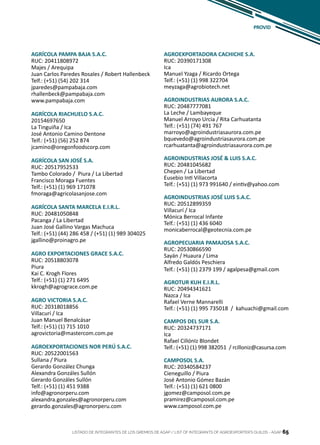 65
AGRÍCOLA PAMPA BAJA S.A.C.
RUC: 20411808972
Majes / Arequipa
Juan Carlos Paredes Rosales / Robert Hallenbeck
Telf.: (+51) (54) 202 314
jparedes@pampabaja.com
rhallenbeck@pampabaja.com
www.pampabaja.com
AGRÍCOLA RIACHUELO S.A.C.
20154697650
La Tinguiña / Ica
José Antonio Camino Dentone
Telf.: (+51) (56) 252 874
jcamino@oregonfoodscorp.com
AGRÍCOLA SAN JOSÉ S.A.
RUC: 20517952533
Tambo Colorado / Piura / La Libertad
Francisco Moraga Fuentes
Telf.: (+51) (1) 969 171078
fmoraga@agricolasanjose.com
AGRÍCOLA SANTA MARCELA E.I.R.L.
RUC: 20481050848
Pacanga / La Libertad
Juan José Gallino Vargas Machuca
Telf.: (+51) (44) 286 458 / (+51) (1) 989 304025
jgallino@proinagro.pe
AGRO EXPORTACIONES GRACE S.A.C.
RUC: 20518803078
Piura
Kai C. Krogh Flores
Telf.: (+51) (1) 271 6495
kkrogh@agrograce.com.pe
AGRO VICTORIA S.A.C.
RUC: 20318018856
Villacurí / Ica
Juan Manuel Benalcásar
Telf.: (+51) (1) 715 1010
agrovictoria@mastercom.com.pe
AGROEXPORTACIONES NOR PERÚ S.A.C.
RUC: 20522001563
Sullana / Piura
Gerardo González Chunga
Alexandra Gonzáles Sullón
Gerardo Gonzáles Sullón
Telf.: (+51) (1) 451 9388
info@agronorperu.com
alexandra.gonzales@agronorperu.com
gerardo.gonzales@agronorperu.com
AGROEXPORTADORA CACHICHE S.A.
RUC: 20390171308
Ica
Manuel Yzaga / Ricardo Ortega
Telf.: (+51) (1) 998 322704
meyzaga@agrobiotech.net
AGROINDUSTRIAS AURORA S.A.C.
RUC: 20487777081
La Leche / Lambayeque
Manuel Arroyo Urcia / Rita Carhuatanta
Telf.: (+51) (74) 491 767
marroyo@agroindustriasaurora.com.pe
bquevedo@agroindustriasaurora.com.pe
rcarhuatanta@agroindustriasaurora.com.pe
AGROINDUSTRIAS JOSÉ & LUIS S.A.C.
RUC: 20481045682
Chepen / La Libertad
Eusebio Inti Villacorta
Telf.: (+51) (1) 973 991640 / eintiv@yahoo.com
AGROINDUSTRIAS JOSÉ LUIS S.A.C.
RUC: 20512899359
Villacurí / Ica
Mónica Berrocal Infante
Telf.: (+51) (1) 436 6040
monicaberrocal@geotecnia.com.pe
AGROPECUARIA PAMAJOSA S.A.C.
RUC: 20530866590
Sayán / Huaura / Lima
Alfredo Galdós Peschiera
Telf.: (+51) (1) 2379 199 / agalpesa@gmail.com
AGROTUR KUH E.I.R.L.
RUC: 20494341621
Nazca / Ica
Rafael Verne Mannarelli
Telf.: (+51) (1) 995 735018 / kahuachi@gmail.com
CAMPOS DEL SUR S.A.
RUC: 20324737171
Ica
Rafael CillónIz Blondet
Telf.: (+51) (1) 998 382051 / rcilloniz@casursa.com
CAMPOSOL S.A.
RUC: 20340584237
Cieneguillo / Piura
José Antonio Gómez Bazán
Telf.: (+51) (1) 621 0800
jgomez@camposol.com.pe
pramirez@camposol.com.pe
www.camposol.com.pe
PROVID
LISTADO DE INTEGRANTES DE LOS GREMIOS DE AGAP / LIST OF INTEGRANTS OF AGROEXPORTER’S GUILDS - AGAP 65
 