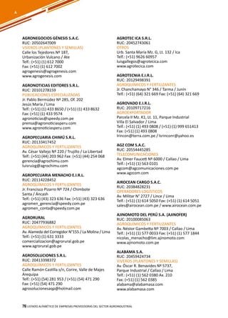 76
AGRONEGOCIOS GÉNESIS S.A.C.
RUC: 20502647009
VIVEROS (PLANTONES Y SEMILLAS)
Calle los Tejedores Nº 187,
Urbanización Vulcano / Ate
Telf.: (+51) (1) 612 7000
Fax: (+51) (1) 612 7002
agrogenesis@agrogenesis.com
www.agrogenesis.com
AGRONOTICIAS EDITORES S.R.L.
RUC: 20101278159
PUBLICACIONES ESPECIALIZADAS
Jr. Pablo Bermúdez Nº 285, Of. 202
Jesús María / Lima
Telf.: (+51) (1) 433 8650 / (+51) (1) 433 8632
Fax: (+51) (1) 433 9574
agronoticias@speedy.com.pe
prensa@agronoticiasperu.com
www.agronoticiasperu.com
AGROPECUARIA CHIMÚ S.R.L.
RUC: 20133417452
AGROQUÍMICOS Y FERTILIZANTES
Av. César Vallejo Nº 220 / Trujillo / La Libertad
Telf.: (+51) (44) 203 962 Fax: (+51) (44) 254 068
gerencia@agrochimu.com
luisruizg@agrochimu.com
AGROPECUARIA MENACHO E.I.R.L.
RUC: 20114228452
AGROQUÍMICOS Y FERTILIZANTES
Jr. Francisco Pizarro Nº 724 / Chimbote
Santa / Áncash
Telf.: (+51) (43) 323 636 Fax: (+51) (43) 323 636
agromen_gerencia@speedy.com.pe
agromen_conta@speedy.com.pe
AGRORURAL
RUC: 20477936882
AGROQUÍMICOS Y FERTILIZANTES
Av. Alameda del Corregidor N°155 / La Molina / Lima
Telf.: (+51) (1) 631 3333
comercializacion@agrorural.gob.pe
www.agrorural.gob.pe
AGROSOLUCIONES S.R.L.
RUC: 20413398372
AGROQUÍMICOS Y FERTILIZANTES
Calle Ramón Castilla s/n, Corire, Valle de Majes
Arequipa
Telf.: (+51) (54) 281 953 / (+51) (54) 471 290
Fax: (+51) (54) 471 290
agrosolucionesaqp@hotmail.com
AGROTEC ICA S.R.L.
RUC: 20452743061
OTROS
Urb. Santa María Mz. G, Lt. 132 / Ica
Telf.: (+51) 9626 60957
luisgallegos@agrotecica.com
www.agrotecica.com
AGROTECNIA E.I.R.L.
RUC: 20129498391
AGROQUÍMICOS Y FERTILIZANTES
Jr. Chanchamayo N° 346 / Tarma / Junín
Telf.: (+51) (64) 321 669 Fax: (+51) (64) 321 669
AGROVADO E.I.R.L.
RUC: 20109717216
AGROEXPORTADOR
Parcela II Mz. K1, Lt. 11, Parque Industrial
Villa El Salvador / Lima
Telf.: (+51) (1) 493 0808 / (+51) (1) 999 651413
Fax: (+51) (1) 493 0808
lrincon@terra.com.pe / lsrinconr@yahoo.es
AGZ COM S.A.C.
RUC: 20554445285
TELECOMUNICACIONES
Av. Elmer Faucett Nº 6000 / Callao / Lima
Telf.: (+51) (1) 563 0101
agcom@agcomunicaciones.com.pe
www.agzcom.com
AIROCEAN CARGO S.A.C.
RUC: 20384828231
OPERADORES LOGÍSTICOS
Av. Militar N° 2727 / Lince / Lima
Telf.: (+51) (1) 614 5050 Fax: (+51) (1) 614 5051
sales@airocean.com.pe / www.airocean.com.pe
AJINOMOTO DEL PERÚ S.A. (AJINOFER)
RUC: 20100085063
AGROQUÍMICOS Y FERTILIZANTES
Av. Néstor Gambetta Nº 7003 / Callao / Lima
Telf.: (+51) (1) 577 0033 Fax: (+51) (1) 577 1844
nicolas_menacho@lim.ajinomoto.com
www.ajinomoto.com.pe
ALABAMA S.A.
RUC: 20459424734
VIVEROS (PLANTONES Y SEMILLAS)
Av. Óscar R. Benavides Nº 5737,
Parque Industrial / Callao / Lima
Telf.: (+51) (1) 562 0380 Ax. 210
Fax: (+51) (1) 562 0385
alabama@alabamasa.com
www.alabamasa.com
Listado ALFABÉTICO DE EMPRESAS PROVEEDORAS Del sector agroindustrial76
A
 