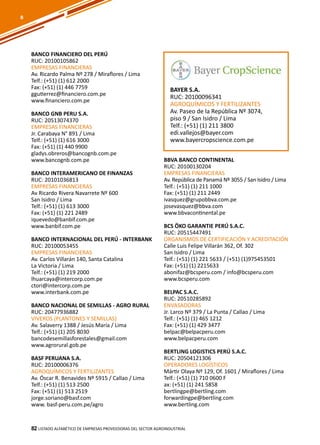 82
BANCO FINANCIERO DEL PERÚ
RUC: 20100105862
EMPRESAS FINANCIERAS
Av. Ricardo Palma Nº 278 / Miraflores / Lima
Telf.: (+51) (1) 612 2000
Fax: (+51) (1) 446 7759
ggutierrez@financiero.com.pe
www.financiero.com.pe
BANCO GNB PERU S.A.
RUC: 20513074370
EMPRESAS FINANCIERAS
Jr. Carabaya N° 891 / Lima
Telf.: (+51) (1) 616 3000
Fax: (+51) (1) 440 9900
gladys.obreros@bancognb.com.pe
www.bancognb.com.pe
BANCO INTERAMERICANO DE FINANZAS
RUC: 20101036813
EMPRESAS FINANCIERAS
Av Ricardo Rivera Navarrete Nº 600
San Isidro / Lima
Telf.: (+51) (1) 613 3000
Fax: (+51) (1) 221 2489
iquevedo@banbif.com.pe
www.banbif.com.pe
BANCO INTERNACIONAL DEL PERÚ - INTERBANK
RUC: 20100053455
EMPRESAS FINANCIERAS
Av. Carlos Villarán 140, Santa Catalina
La Victoria / Lima
Telf.: (+51) (1) 219 2000
lhuarcaya@intercorp.com.pe
ctori@intercorp.com.pe
www.interbank.com.pe
BANCO NACIONAL DE SEMILLAS - AGRO RURAL
RUC: 20477936882
VIVEROS (PLANTONES Y SEMILLAS)
Av. Salaverry 1388 / Jesús María / Lima
Telf.: (+51) (1) 205 8030
bancodesemillasforestales@gmail.com
www.agrorural.gob.pe
BASF PERUANA S.A.
RUC: 20100006376
AGROQUÍMICOS Y FERTILIZANTES
Av. Óscar R. Benavides Nº 5915 / Callao / Lima
Telf.: (+51) (1) 513 2500
Fax: (+51) (1) 513 2519
jorge.soriano@basf.com
www. basf-peru.com.pe/agro
BBVA BANCO CONTINENTAL
RUC: 20100130204
EMPRESAS FINANCIERAS
Av. República de Panamá Nº 3055 / San Isidro / Lima
Telf.: (+51) (1) 211 1000
Fax: (+51) (1) 211 2449
ivasquez@grupobbva.com.pe
josevasquez@bbva.com
www.bbvacontinental.pe
BCS ÖKO GARANTIE PERÚ S.A.C.
RUC: 20515447491
ORGANISMOS DE CERTIFICACIÓN Y ACREDITACIÓN
Calle Luis Felipe Villarán 362, Of. 302
San Isidro / Lima
Telf.: (+51) (1) 221 5633 / (+51) (1)975453501
Fax: (+51) (1) 2215633
abonifaz@bcsperu.com / info@bcsperu.com
www.bcsperu.com
BELPAC S.A.C.
RUC: 20510285892
ENVASADORAS
Jr. Larco Nº 379 / La Punta / Callao / Lima
Telf.: (+51) (1) 465 1212
Fax: (+51) (1) 429 3477
belpac@belpacperu.com
www.belpacperu.com
BERTLING LOGISTICS PERÚ S.A.C.
RUC: 20504121306
OPERADORES LOGÍSTICOS
Mártir Olaya Nº 129, Of. 1601 / Miraflores / Lima
Telf.: (+51) (1) 710 0600 F
ax: (+51) (1) 241 5858
bertlingpe@bertling.com
forwardingpe@bertling.com
www.bertling.com
BAYER S.A.
RUC: 20100096341
AGROQUÍMICOS Y FERTILIZANTES
Av. Paseo de la República Nº 3074,
piso 9 / San Isidro / Lima
Telf.: (+51) (1) 211 3800
edi.vallejos@bayer.com
www.bayercropscience.com.pe
Listado ALFABÉTICO DE EMPRESAS PROVEEDORAS Del sector agroindustrial82
B
 