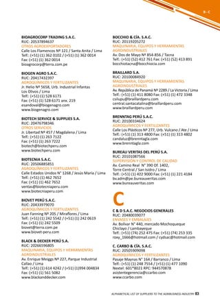 83
BIOAGROCORP TRADING S.A.C.
RUC: 20537894637
OTROS AGROEXPORTADORES
Calle Los Flamencos Nº 121 / Santa Anita / Lima
Telf.: (+51) (1) 362 0102 / (+51) (1) 362 0014
Fax: (+51) (1) 362 0014
bioagrocorp@terra.com.pe
BIOGEN AGRO S.A.C.
RUC: 20417432397
AGROQUÍMICOS Y FERTILIZANTES
Jr. Helio Nº 5658, Urb. Industrial Infantas
Los Olivos / Lima
Telf.: (+51) (1) 528 6171
Fax: (+51) (1) 528 6171 anx. 219
esandoval@biogenagro.com
www.biogenagro.com
BIOTECH SERVICE & SUPPLIES S.A.
RUC: 20476798346
OTROS SERVICIOS
Jr. Libertad Nº 457 / Magdalena / Lima
Telf.: (+51) (1) 263 7122
Fax: (+51) (1) 263 7222
biotech@biotechperu.com
www.biotechperu.com
BIOTECNIA S.A.C.
RUC: 20506885851
AGROQUÍMICOS Y FERTILIZANTES
Calle Estados Unidos N° 1268 / Jesús María / Lima
Telf.: (+51) (1) 462 7652
Fax: (+51) (1) 462 7652
ventas@biotecniaperu.com
www.biotecniaperu.com
BIOVET PERÚ S.A.C.
RUC: 20433979070
AGROQUÍMICOS Y FERTILIZANTES
Juan Fanning Nº 205 / Miraflores / Lima
Telf.: (+51) (1) 242 5542 / (+51) (1) 242 0619
Fax: (+51) (1) 242 5509
biovet@terra.com.pe
www.biovet-peru.com
BLACK & DECKER PERÚ S.A.
RUC: 20266596805
MAQUINARIA, EQUIPOS Y HERRAMIENTAS
AGROINDUSTRIALES
Av. Enrique Meiggs Nº 227, Parque Industrial
Callao / Lima
Telf.: (+51) (1) 614 4242 / (+51) (1)994 004834
Fax: (+51) (1) 561 5082
www.blackanddecker.com
BOCCHIO & CÍA. S.A.C.
RUC: 20119205272
MAQUINARIA, EQUIPOS Y HERRAMIENTAS
AGROINDUSTRIALES
Av. Dos de Mayo Nº 854-856 / Tacna
Telf.: (+51) (52) 412 761 Fax: (+51) (52) 413 891
bocchiotacna@bocchiocia.com
BRAILLARD S.A.
RUC: 20100084920
MAQUINARIA, EQUIPOS Y HERRAMIENTAS
AGROINDUSTRIALES
Av. República de Panamá Nº 2289 / La Victoria / Lima
Telf.: (+51) (1) 411 8080 Fax: (+51) (1) 472 3348
csilupu@braillardperu.com
central.santacatalina@braillardperu.com
www.braillardperu.com
BRENNTAG PERÚ S.A.C.
RUC: 20100334624
AGROQUÍMICOS Y FERTILIZANTES
Calle Los Plásticos Nº 277, Urb. Vulcano / Ate / Lima
Telf.: (+51) (1) 313 4800 Fax: (+51) (1) 313 4802
candaluz@brenntagla.com
www.brenntagla.com
BUREAU VERITAS DEL PERÚ S.A.
RUC: 20101087566
SUPERVISIÓN Y CONTROL DE CALIDAD
Av. Camino Real N° 390 Of. 1402,
Torre Central / San Isidro / Lima
Telf.: (+51) (1) 422 9000 Fax: (+51) (1) 221 4184
bv.adm@pe.bureauveritas.com
www.bureauveritas.com
C
ALPHABETICAL LIST OF SUPPLIERS TO THE AGRIBUSINESS INDUSTRY 83
B - C
C & D S.A.C. NEGOCIOS GENERALES
RUC: 20480039077
ENVASES Y EMBALAJES
Av. Bolívar N° 440, mercado Mochoqueque
Chiclayo / Lambayeque
Telf.: (+51) (74) 252 475 Fax: (+51) (74) 253 335
roxy_1666@hotmail.com / cydsac@hotmail.com
C. CARBO & CÍA. S.A.C.
RUC: 20505909098
AGROQUÍMICOS Y FERTILIZANTES
Pasaje Maynas N° 164 / Barranco / Lima
Telf.: (+51) (1) 248 7554 / (+51) (1) 477 1090
Nextel: 601*8021 RPC: 944570878
asistentegerencia@ccarbo.com
www.ccarbo.com
 
