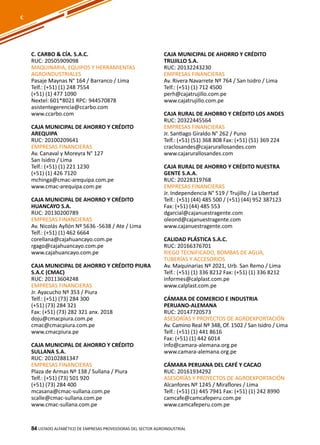 84
C. CARBO & CÍA. S.A.C.
RUC: 20505909098
MAQUINARIA, EQUIPOS Y HERRAMIENTAS
AGROINDUSTRIALES
Pasaje Maynas N° 164 / Barranco / Lima
Telf.: (+51) (1) 248 7554
(+51) (1) 477 1090
Nextel: 601*8021 RPC: 944570878
asistentegerencia@ccarbo.com
www.ccarbo.com
CAJA MUNICIPAL DE AHORRO Y CRÉDITO
AREQUIPA
RUC: 20100209641
EMPRESAS FINANCIERAS
Av. Canaval y Moreyra N° 127
San Isidro / Lima
Telf.: (+51) (1) 221 1230
(+51) (1) 426 7120
mchinga@cmac-arequipa.com.pe
www.cmac-arequipa.com.pe
CAJA MUNICIPAL DE AHORRO Y CRÉDITO
HUANCAYO S.A.
RUC: 20130200789
EMPRESAS FINANCIERAS
Av. Nicolás Ayllón Nº 5636 -5638 / Ate / Lima
Telf.: (+51) (1) 462 6664
corellana@cajahuancayo.com.pe
rgago@cajahuancayo.com.pe
www.cajahuancayo.com.pe
CAJA MUNICIPAL DE AHORRO Y CRÉDITO PIURA
S.A.C (CMAC)
RUC: 20113604248
EMPRESAS FINANCIERAS
Jr. Ayacucho Nº 353 / Piura
Telf.: (+51) (73) 284 300
(+51) (73) 284 321
Fax: (+51) (73) 282 321 anx. 2018
doju@cmacpiura.com.pe
cmac@cmacpiura.com.pe
www.cmacpiura.pe
CAJA MUNICIPAL DE AHORRO Y CRÉDITO
SULLANA S.A.
RUC: 20102881347
EMPRESAS FINANCIERAS
Plaza de Armas Nº 138 / Sullana / Piura
Telf.: (+51) (73) 501 920
(+51) (73) 284 400
mcasana@cmac-sullana.com.pe
scalle@cmac-sullana.com.pe
www.cmac-sullana.com.pe
CAJA MUNICIPAL DE AHORRO Y CRÉDITO
TRUJILLO S.A.
RUC: 20132243230
EMPRESAS FINANCIERAS
Av. Rivera Navarrete Nº 764 / San Isidro / Lima
Telf.: (+51) (1) 712 4500
perh@cajatrujillo.com.pe
www.cajatrujillo.com.pe
CAJA RURAL DE AHORRO Y CRÉDITO LOS ANDES
RUC: 20322445564
EMPRESAS FINANCIERAS
Jr. Santiago Giraldo N° 262 / Puno
Telf.: (+51) (51) 368 808 Fax: (+51) (51) 369 224
craclosandes@cajarurallosandes.com
www.cajarurallosandes.com
CAJA RURAL DE AHORRO Y CRÉDITO NUESTRA
GENTE S.A.A.
RUC: 20228319768
EMPRESAS FINANCIERAS
Jr. Independencia N° 519 / Trujillo / La Libertad
Telf.: (+51) (44) 485 500 / (+51) (44) 952 387123
Fax: (+51) (44) 485 553
dgarcial@cajanuestragente.com
oleond@cajanuestragente.com
www.cajanuestragente.com
CALIDAD PLÁSTICA S.A.C.
RUC: 20166376701
RIEGO TECNIFICADO, BOMBAS DE AGUA,
TUBERÍAS Y ACCESORIOS
Av. Maquinarias Nº 2021, Urb. San Remo / Lima
Telf.: (+51) (1) 336 8212 Fax: (+51) (1) 336 8212
informes@calplast.com.pe
www.calplast.com.pe
CÁMARA DE COMERCIO E INDUSTRIA
PERUANO-ALEMANA
RUC: 20147720573
ASESORÍAS Y PROYECTOS DE AGROEXPORTACIÓN
Av. Camino Real Nº 348, Of. 1502 / San Isidro / Lima
Telf.: (+51) (1) 441 8616
Fax: (+51) (1) 442 6014
info@camara-alemana.org.pe
www.camara-alemana.org.pe
CÁMARA PERUANA DEL CAFÉ Y CACAO
RUC: 20161934292
ASESORÍAS Y PROYECTOS DE AGROEXPORTACIÓN
Alcanfores Nº 1245 / Miraflores / Lima
Telf.: (+51) (1) 445 7941 Fax: (+51) (1) 242 8990
camcafe@camcafeperu.com.pe
www.camcafeperu.com.pe
Listado ALFABÉTICO DE EMPRESAS PROVEEDORAS Del sector agroindustrial84
C
 
