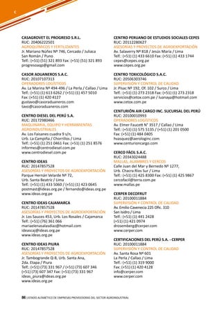 86
CASAGROVET EL PROGRESO S.R.L.
RUC: 20406222501
AGROQUÍMICOS Y FERTILIZANTES
Jr. Mariano Núñez Nº 746, Cercado / Juliaca
San Román / Puno
Telf.: (+51) (51) 321 893 Fax: (+51) (51) 321 893
progresoaqp@gmail.com
CASOR ADUANEROS S.A.C.
RUC: 20107107313
OPERADORES LOGÍSTICOS
Av. La Marina Nº 494-496 / La Perla / Callao / Lima
Telf.: (+51) (1) 613 6262 / (+51) (1) 457 5010
Fax: (+51) (1) 420 4127
gustavo@casoraduaneros.com
tavo@casoraduaneros.com
CENTRO DIESEL DEL PERÚ S.A.
RUC: 20172980466
MAQUINARIA, EQUIPO Y HERRAMIENTAS
AGROINDUSTRIALES
Av. Los Faisanes cuadra 9 s/n,
Urb. La Campiña / Chorrillos / Lima
Telf.: (+51) (1) 251 0461 Fax: (+51) (1) 251 8576
informes@centrodiesel.com.pe
www.centrodiesel.com.pe
CENTRO IDEAS
RUC: 20147857528
ASESORÍAS Y PROYECTOS DE AGROEXPORTACIÓN
Parque Hernán Velarde Nº 72,
Urb. Santa Beatríz / Lima
Telf.: (+51) (1) 433 5060 / (+51) (1) 423 0645
postmast@ideas.org.pe / fernando@ideas.org.pe
www.ideas.org.pe
CENTRO IDEAS CAJAMARCA
RUC: 20147857528
ASESORÍAS Y PROYECTOS DE AGROEXPORTACIÓN
Jr. Los Sauces 453, Urb. Los Rosales / Cajamarca
Telf.: (+51) (76) 361 066
mariaelenasalasdiaz@hotmail.com
ideascaj@ideas.org.pe
www.ideas.org.pe
CENTRO IDEAS PIURA
RUC: 20147857528
ASESORÍAS Y PROYECTOS DE AGROEXPORTACIÓN
Jr. Tambogrande Q-8, Urb. Santa Ana,
2da. Etapa / Piura
Telf.: (+51) (73) 331 967 / (+51) (73) 607 346
(+51) (73) 607 347 Fax: (+51) (73) 331 967
ideas_piura@ideas.org.pe
www.ideas.org.pe
CENTRO PERUANO DE ESTUDIOS SOCIALES CEPES
RUC: 20112280627
ASESORÍAS Y PROYECTOS DE AGROEXPORTACIÓN
Av. Salaverry Nº 818 / Jesús María / Lima
Telf.: (+51) (1) 433 6610 Fax: (+51) (1) 433 1744
cepes@cepes.org.pe
www.cepes.org.pe
CENTRO TOXICOLÓGICO S.A.C.
RUC: 20506303746
SUPERVISIÓN Y CONTROL DE CALIDAD
Jr. Písac Nº 192, Of. 102 / Surco / Lima
Telf.: (+51) (1) 273 2318 Fax: (+51) (1) 273 2318
servicios@cetox.com.pe / luanaya@hotmail.com
www.cetox.com.pe
CENTURIÓN AIR CARGO INC. SUCURSAL DEL PERÚ
RUC: 20100010993
OPERADORES LOGÍSTICOS
Av. Elmer Faucett N° 3517 / Callao / Lima
Telf.: (+51) (1) 575 5135 / (+51) (1) 201 0500
Fax: (+51) (1) 484 0405
hvasquez@aerologinc.com
www.centurioncargo.com
CERCO FÁCIL S.A.C.
RUC: 20343024488
MALLAS, ALAMBRES Y CERCOS
Calle Juan del Mar y Bernedo Nº 1277,
Urb. Chacra Ríos Sur / Lima
Telf.: (+51) (1) 425 8300 Fax: (+51) (1) 425 9867
cercofacil@terra.com.pe
www.mallas.pe
CERPER DECOFRUT
RUC: 20100011884
SUPERVISIÓN Y CONTROL DE CALIDAD
Av. Emilio Cavenecia 225 Ofic. 310
San Isidro / Lima
Telf.: (+51) (1) 441 2428
(+51) (1) 421 0974
drosemberg@cerper.com
www.cerper.com
CERTIFICACIONES DEL PERÚ S.A. - CERPER
RUC: 20100011884
SUPERVISIÓN Y CONTROL DE CALIDAD
Av. Santa Rosa Nº 601
La Perla / Callao / Lima
Telf.: (+51) (1) 319 9000
Fax: (+51) (1) 420 4128
info@cerper.com
www.cerper.com
Listado ALFABÉTICO DE EMPRESAS PROVEEDORAS Del sector agroindustrial86
C
 