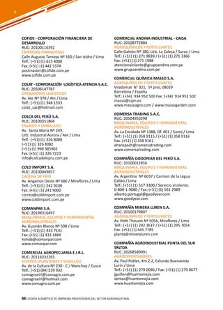 88
COFIDE - CORPORACIÓN FINANCIERA DE
DESARROLLO
RUC: 20100116392
EMPRESAS FINANCIERAS
Calle Augusto Tamayo Nº 160 / San Isidro / Lima
Telf.: (+51) (1) 615 4000
Fax: (+51) (1) 442 3374
postmaster@cofide.com.pe
www.cofide.com.pe
COLAT - CORPORACIÓN LOGÍSTICA ATENCIA S.A.C.
RUC: 20506147787
OPERADORES LOGÍSTICOS
Av. Ate Nº 378 / Ate / Lima
Telf.: (+51) (1) 348 1533
colat_sac@hotmail.com
COLCA DEL PERÚ S.A.
RUC: 20100351804
ENVASES Y EMBALAJES
Av. Santa María Nº 249,
Urb. Industrial Aurora / Ate / Lima
Telf.: (+51) (1) 326 8080
(+51) (1) 326 8082
(+51) (1) 998 385902
Fax: (+51) (1) 326 7223
info@colcadelepru.com.pe
COLD IMPORT S.A.
RUC: 20100049857
CADENA DE FRÍO
Av. Angamos Oeste Nº 686 / Miraflores / Lima
Telf.: (+51) (1) 242 9100
Fax: (+51) (1) 241 9000
correo@coldimport.com.pe
www.coldimport.com.pe
COMANPAR S.A.
RUC: 20194316497
MAQUINARIA, EQUIPOS Y HERRAMIENTAS
AGROINDUSTRIALES
Av. Guzmán Blanco Nº 598 / Lima
Telf.: (+51) (1) 433 7141
Fax: (+51) (1) 433 1884
honda@comanpar.com
www.comanpar.com
COMERCIAL AGROPECUARIA E.I.R.L.
RUC: 20116332265
VIVEROS (PLANTONES Y SEMILLAS)
Av. de la Cultura Nº 230 - C / Wanchaq / Cusco
Telf.: (+51) (84) 239 932
comagroeirl@comagro.com.pe
comagroeirl@hotmail.com
www.comagro.com.pe
COMERCIAL ANDINA INDUSTRIAL - CAISA
RUC: 20108772884
AGROQUÍMICOS Y FERTILIZANTES
Calle Galeón Nº 180, Urb. La Calesa / Surco / Lima
Telf.: (+51) (1) 271 9839 / (+51) (1) 271 3366
Fax: (+51) (1) 271 1988
atencionalcliente@grupoandina.com.pe
www.grupoandina.com.pe
COMERCIAL QUÍMICA MASSO S.A.
AGROQUÍMICOS Y FERTILIZANTES
Viladomat N° 321, 5º piso, 08029
Barcelona / España
Telf.: (+34) 934 952 500 Fax: (+34) 934 952 502
masso@cqm.es
www.massoagro.com / www.massogarden.com
COMERSA TRADING S.A.C.
RUC: 20504953298
MAQUINARIA, EQUIPOS Y HERRAMIENTAS
AGROINDUSTRIALES
Av. La Encalada Nº 1388, Of. 401 / Surco / Lima
Telf.: (+51) (1) 358 9115 / (+51) (1) 358 9116
Fax: (+51) (1) 358 9161
ehanspach@comersatrading.com
www.comersatrading.com
COMPAÑÍA GOODYEAR DEL PERÚ S.A.
RUC: 20100012856
MAQUINARIA, EQUIPOS Y HERRAMIENTAS
AGROINDUSTRIALES
Av. Argentina Nº 6037 / Carmen de la Legua
Callao / Lima
Telf.: (+51) (1) 517 3300 / Servicio al cliente:
0-800-1-9080 / Fax: (+51) (1) 561 2989
alberto.portugal@goodyear.com
www.goodyear.com
COMPAÑÍA MINERA LUREN S.A.
RUC: 20100179807
AGROQUÍMICOS Y FERTILIZANTES
Av. Petit Thouars Nº 5056, Miraflores / Lima
Telf.: (+51) (1) 242 3637 / (+51) (1) 295 7054
Fax: (+51) (1) 445 7789
planta@mineraluren.com
COMPAÑÍA AGROINDUSTRIAL PUNTA DEL SUR
SRLTDA
RUC: 20268589091
AGROEXPORTADORES
Av. Paul Poblet, Km 2.2, Exfundo Buenavista
Lurín / Lima
Telf.: (+51) (1) 279 0096 / Fax: (+51) (1) 279 0677
jguillen@huertomejia.com
ventas@huertomejia.com
www.huertomejia.com
Listado ALFABÉTICO DE EMPRESAS PROVEEDORAS Del sector agroindustrial88
C
 