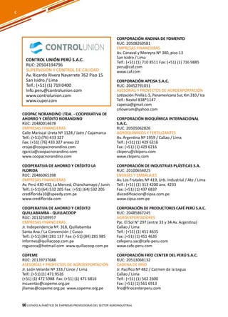 90
COOPAC NORANDINO LTDA. - COOPERATIVA DE
AHORRO Y CRÉDITO NORANDINO
RUC: 20480014678
EMPRESAS FINANCIERAS
Calle Mariscal Ureta Nº 1128 / Jaén / Cajamarca
Telf.: (+51) (76) 433 327
Fax: (+51) (76) 433 327 anexo 22
crojas@coopacnorandino.com
rgarcia@coopacnorandino.com
www.coopacnorandino.com
COOPERATIVA DE AHORRO Y CRÉDITO LA
FLORIDA
RUC: 20486065398
EMPRESAS FINANCIERAS
Av. Perú 430-432, La Merced, Chanchamayo / Junín
Telf.: (+51) (64) 532 205 Fax: (+51) (64) 532 205
crediflorida10@speedy.com.pe
www.crediflorida.com
COOPERATIVA DE AHORRO Y CRÉDITO
QUILLABAMBA - QUILLACOOP
RUC: 20132509957
EMPRESAS FINANCIERAS
Jr. Independencia Nº. 318, Quillabamba
Santa Ana / La Convención / Cusco
Telf.: (+51) (84) 281 137 Fax: (+51) (84) 281 985
informes@quillacoop.com.pe
roguecca@hotmail.com www.quillacoop.com.pe
COPEME
RUC: 20139737688
ASESORÍAS Y PROYECTOS DE AGROEXPORTACIÓN
Jr. León Velarde Nº 333 / Lince / Lima
Telf.: (+51) (1) 471 9526
(+51) (1) 472 5988 Fax: (+51) (1) 471 6816
mcuentas@copeme.org.pe
jllamas@copeme.org.pe www.copeme.org.pe
CORPORACIÓN ANDINA DE FOMENTO
RUC: 20508260581
EMPRESAS FINANCIERAS
Av. Canaval y Moreyra Nº 380, piso 13
San Isidro / Lima
Telf.: (+51) (1) 710 8511 Fax: (+51) (1) 716 9885
peru@caf.com
www.caf.com
CORPORACIÓN APEISA S.A.C.
RUC: 20452791031
ASESORÍAS Y PROYECTOS DE AGROEXPORTACIÓN
Lotización Pinilla L-5, Panamericana Sur, Km 310 / Ica
Telf.: Nextel 838*1147
capeisa@gmail.com
crloveram@yahoo.com
CORPORACIÓN BIOQUÍMICA INTERNACIONAL
S.A.C.
RUC: 20505062826
AGROQUÍMICOS Y FERTILIZANTES
Av. Argentina Nº 1959 / Callao / Lima
Telf.: (+51) (1) 429 6216
Fax: (+51) (1) 429 6216
cbiperu@cbiperu.com
www.cbiperu.com
CORPORACIÓN DE INDUSTRIAS PLÁSTICAS S.A.
RUC: 20100654025
ENVASES Y EMBALAJES
Av. Los Frutales Nº 419, Urb. Industrial / Ate / Lima
Telf.: (+51) (1) 313 4200 anx. 4233
Fax: (+51) (1) 437 6837
divcodificacion@cipsa.com.pe
www.cipsa.com.pe
CORPORACIÓN DE PRODUCTORES CAFÉ PERÚ S.A.C.
RUC: 20485867245
AGROEXPORTADORES
Pje. El Sol N° 297 (entre 33 y 34 Av. Argentina)
Callao / Lima
Telf.: (+51) (1) 451 4635
Fax: (+51) (1) 451 4635
cafeperu.sac@cafe-peru.com
www.cafe-peru.com
CORPORACIÓN FRÍO CENTER DEL PERÚ S.A.C.
RUC: 20513068132
CADENA DE FRÍO
Jr. Pacífico Nº 482 / Carmen de la Legua
Callao / Lima
Telf.: (+51) (1) 562 2600
Fax: (+51) (1) 561 6913
frio@friocenterperu.com
Listado ALFABÉTICO DE EMPRESAS PROVEEDORAS Del sector agroindustrial90
C
CONTROL UNIÓN PERÚ S.A.C.
RUC: 20504194796
SUPERVISIÓN Y CONTROL DE CALIDAD
Av. Ricardo Rivera Navarrete 762 Piso 15
San Isidro / Lima
Telf.: (+51) (1) 719 0400
Info.peru@controlunion.com
www.controlunion.com
www.cuper.com
 