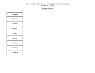 SENA COMPLEJO TECNOLOGICO PARA LA GESTION AGROEMPRESARIAL
                                 SANTA ROSA DE OSOS


                                   DIRECTORIO


Contratista


Contratista



Contratista



 Aprendiz



  Planta



 Aprendiz



Contratista



Contratista



Contratista
 