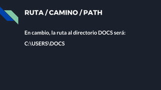 RUTA / CAMINO / PATH
En cambio, la ruta al directorio DOCS será:
C:USERSDOCS
 