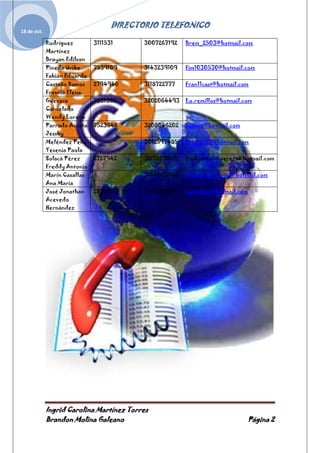 DIRECTORIO TELEFONICO
18 de oct.

             Rodríguez        3111531      3007267192   Brem_2503@hotmail.com
             Martínez
             Brayan Edilson
             Pineda Uribe     7539109      3143239109   Fim1030530@hotmail.com
             Fabián Eduardo
             Castaño Ramos    2794940      3118722777   Fran11cast@hotmail.com
             Francia Elena
             Guevara          7631365      3202064493   Lo.remillos@hotmail.com
             Cancelado
             Wendy Lorena
             Parrado Acosta   7523646      3208046202   jssparr@hotmail.com
             Jessby
             Meléndez Peña                 3012597485   Sesenia07@hotmail.com
             Yesenia Paola
             Solacà Pérez     2727942      3217207029   fredyantonioperezs@hotmail.com
             Freddy Antonio
             Marín Casallas                3144026746   Anamaria_marin1@hotmail.com
             Ana María
             José Jonathan    2730035      3142401877   rasselasie@hotmail.com
             Acevedo
             Hernández




             Ingrid Carolina Martínez Torres
             Brandon Molina Galeano                                              Página 2
 