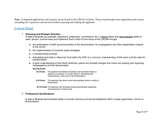 Note : Completed applications and resumes can be found on the CRCNA website. Please read through entire application and resume
(including the 3 questions and answers) before assessing and ranking the applicant.
Criteria Detail
1 Visioning and Strategic Direction
Is able to illustrate (by example, experience, philosophy, commitment, etc.) a strong desire and demonstrated ability to
seek, discern, communicate and implement God’s vision for the future of the CRCNA through:
● the participation of staff, governing bodies of the denomination, its congregations and other stakeholders integral
to the church
● the implementation of outcome based strategies
● a transformative process
● articulating (and able to influence) most within the CRC to a ‘common understanding’ of the vision and the need for
transformation
● a good understanding of how North American culture and societal changes and norms are shaping and impacting
congregations and the denomination
Scoring Guide:
0-5 Points The applicant has failed to illustrate a demonstrated desire or
ability as a visionary, to include others in developing and
implementing a vision and to be transformative
6-9 Points The applicant has shown some demonstrated desire or ability in
these areas
10-15 Points The applicant has illustrated strong demonstrated leadership
and experience in these areas
2 Professional Qualifications
Is able to illustrate demonstrated ability to provide visionary and servant leadership within a large organization, church or
denomination:
Page 3 of 7
 