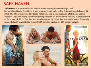 SAFE HAVEN 
Safe Haven is a 2013 American romance film starring Julianne Hough, Josh 
Duhamel and Cobie Smulders. It was released theatrically in North America on February 14, 
2013. The film was directed by Lasse Hallström, and is an adaptation of Nicholas Sparks 
'novel of the same name. The film was originally set for a February 8 release, but was moved 
to February 14, 2013. The film was widely panned by critics, but was nonetheless financially 
successful with a worldwide gross of $97.6 million against its $28 million budget. 
 
