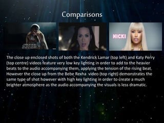 Comparisons
The close up enclosed shots of both the Kendrick Lamar (top left) and Katy Perry
(top centre) videos feature very low key lighting in order to add to the heavier
beats to the audio accompanying them, applying the tension of the rising beat.
However the close up from the Bebe Rexha video (top right) demonstrates the
same type of shot however with high key lighting in order to create a much
brighter atmosphere as the audio accompanying the visuals is less dramatic.
 