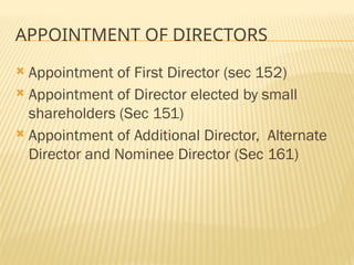 APPOINTMENT OF DIRECTORS
 Appointment of First Director (sec 152)
 Appointment of Director elected by small
shareholders (Sec 151)
 Appointment of Additional Director, Alternate
Director and Nominee Director (Sec 161)
 