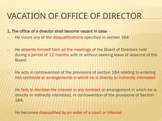 VACATION OF OFFICE OF DIRECTOR
1. The office of a director shall become vacant in case –
a) He incurs any of the disqualifications specified in section 164
b) He absents himself from all the meetings of the Board of Directors held
during a period of 12 months with or without seeking leave of absence of the
Board;
c) He acts in contravention of the provisions of section 184 relating to entering
into contracts or arrangements in which he is directly or indirectly interested
d) He fails to disclose the interest in any contract or arrangement in which he is
directly or indirectly interested, in contravention of the provisions of Section
184.
e) He becomes disqualified by an order of a court or tribunal
 