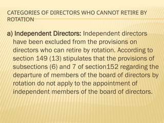 CATEGORIES OF DIRECTORS WHO CANNOT RETIRE BY
ROTATION
a) Independent Directors: Independent directors
have been excluded from the provisions on
directors who can retire by rotation. According to
section 149 (13) stipulates that the provisions of
subsections (6) and 7 of section152 regarding the
departure of members of the board of directors by
rotation do not apply to the appointment of
independent members of the board of directors.
 