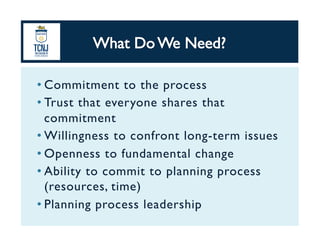 • Commitment to the process	
• Trust that everyone shares that
commitment	
• Willingness to confront long-term issues	
• Openness to fundamental change	
• Ability to commit to planning process
(resources, time)	
• Planning process leadership	
 