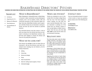 BAKERSHAKE DIRECTORS’ PITCHES 
 !! !!#$%$%$$#!$ 
SHORTLIST 
• 	
 
•  
