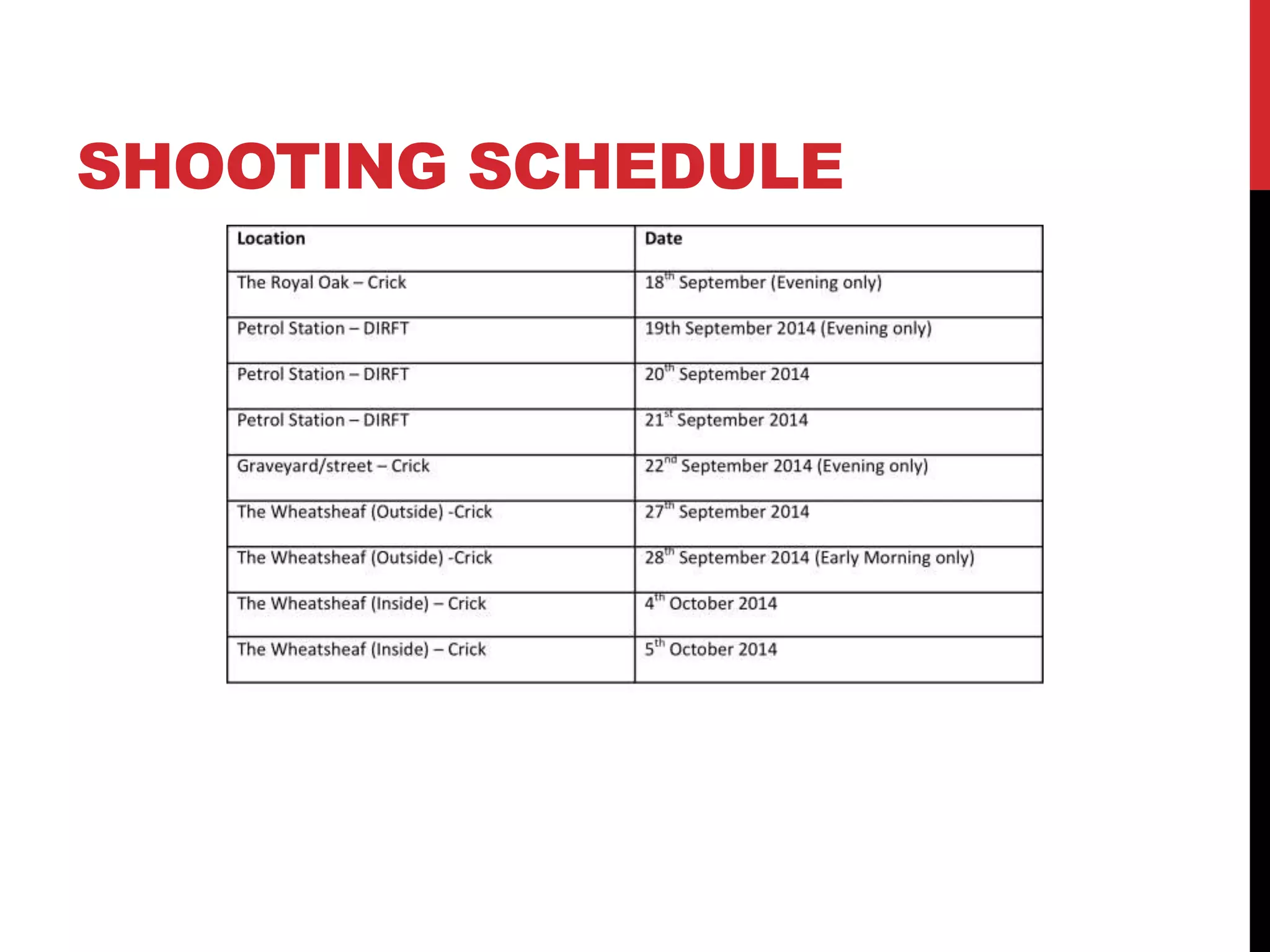 SHOOTING SCHEDULE 
 