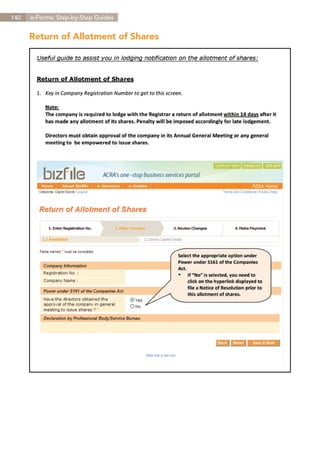 140   e-Forms: Step-by-Step Guides


      Return of Allotment of Shares




                                      Contents
 