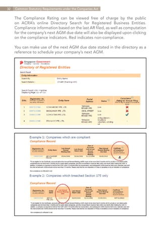 32   Common Statutory Requirements under the Companies Act


     The Compliance Rating can be viewed free of charge by the public
     on ACRA’s online Directory Search for Registered Business Entities.
     Compliance information based on the last AR filed, as well as computation
     for the company’s next AGM due date will also be displayed upon clicking
     on the compliance indicators. Red indicates non-compliance.

     You can make use of the next AGM due date stated in the directory as a
     reference to schedule your company’s next AGM.




                                                                 Contents
 