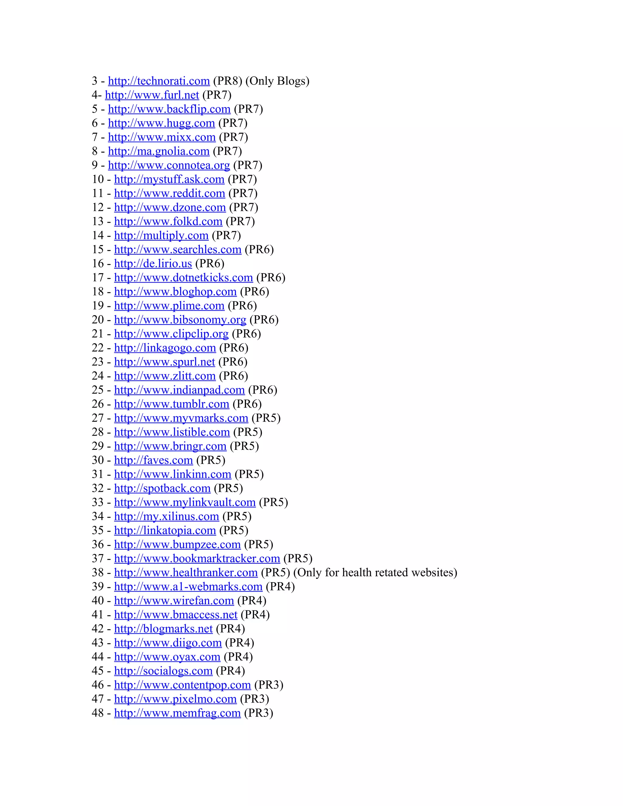 3 - http://technorati.com (PR8) (Only Blogs)
4- http://www.furl.net (PR7)
5 - http://www.backflip.com (PR7)
6 - http://www.hugg.com (PR7)
7 - http://www.mixx.com (PR7)
8 - http://ma.gnolia.com (PR7)
9 - http://www.connotea.org (PR7)
10 - http://mystuff.ask.com (PR7)
11 - http://www.reddit.com (PR7)
12 - http://www.dzone.com (PR7)
13 - http://www.folkd.com (PR7)
14 - http://multiply.com (PR7)
15 - http://www.searchles.com (PR6)
16 - http://de.lirio.us (PR6)
17 - http://www.dotnetkicks.com (PR6)
18 - http://www.bloghop.com (PR6)
19 - http://www.plime.com (PR6)
20 - http://www.bibsonomy.org (PR6)
21 - http://www.clipclip.org (PR6)
22 - http://linkagogo.com (PR6)
23 - http://www.spurl.net (PR6)
24 - http://www.zlitt.com (PR6)
25 - http://www.indianpad.com (PR6)
26 - http://www.tumblr.com (PR6)
27 - http://www.myvmarks.com (PR5)
28 - http://www.listible.com (PR5)
29 - http://www.bringr.com (PR5)
30 - http://faves.com (PR5)
31 - http://www.linkinn.com (PR5)
32 - http://spotback.com (PR5)
33 - http://www.mylinkvault.com (PR5)
34 - http://my.xilinus.com (PR5)
35 - http://linkatopia.com (PR5)
36 - http://www.bumpzee.com (PR5)
37 - http://www.bookmarktracker.com (PR5)
38 - http://www.healthranker.com (PR5) (Only for health retated websites)
39 - http://www.a1-webmarks.com (PR4)
40 - http://www.wirefan.com (PR4)
41 - http://www.bmaccess.net (PR4)
42 - http://blogmarks.net (PR4)
43 - http://www.diigo.com (PR4)
44 - http://www.oyax.com (PR4)
45 - http://socialogs.com (PR4)
46 - http://www.contentpop.com (PR3)
47 - http://www.pixelmo.com (PR3)
48 - http://www.memfrag.com (PR3)
 