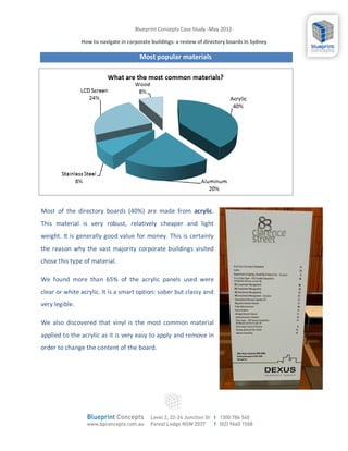 Blueprint Concepts Case Study -May 2012-

                How to navigate in corporate buildings: a review of directory boards In Sydney

                                        Most popular materials




Most of the directory boards (40%) are made from acrylic.
This material is very robust, relatively cheaper and light
weight. It is generally good value for money. This is certainly
the reason why the vast majority corporate buildings visited
chose this type of material.

We found more than 65% of the acrylic panels used were
clear or white acrylic. It is a smart option: sober but classy and
very legible.

We also discovered that vinyl is the most common material
applied to the acrylic as it is very easy to apply and remove in
order to change the content of the board.
 