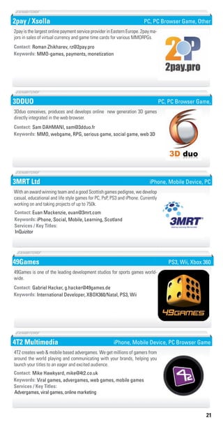 21
2pay / Xsolla
MMO-games, payments, monetizationKeywords:
Contact: Roman Zhikharev, rz@2pay.pro
2pay is the largest online payment service provider in Eastern Europe. 2pay ma-
jors in sales of virtual currency and game time cards for various MMORPGs.
PC, PC Browser Game, Other
3DDUO
MMO, webgame, RPG, serious game, social game, web 3DKeywords:
Contact: Sam DAHMANI, sam@3dduo.fr
3Dduo conceives, produces and develops online new generation 3D games
directly integrated in the web browser.
3D duo
PC, PC Browser Game,
3MRT Ltd
iPhone, Social, Mobile, Learning, ScotlandKeywords:
InQuizitor
Services / Key Titles:
Contact: Euan Mackenzie, euan@3mrt.com
With an award winning team and a good Scottish games pedigree, we develop
casual, educational and life style games for PC, PsP, PS3 and iPhone. Currently
working on and taking projects of up to 750k.
iPhone, Mobile Device, PC
49Games
International Developer, XBOX360/Natal, PS3, WiiKeywords:
Contact: Gabriel Hacker, g.hacker@49games.de
49Games is one of the leading development studios for sports games world-
wide.
PS3, Wii, Xbox 360
4T2 Multimedia
Viral games, advergames, web games, mobile gamesKeywords:
Advergames, viral games, online marketing
Services / Key Titles:
Contact: Mike Hawkyard, mike@4t2.co.uk
4T2 creates web & mobile based advergames. We get millions of gamers from
around the world playing and communicating with your brands, helping you
launch your titles to an eager and excited audience.
iPhone, Mobile Device, PC Browser Game
Livre_Directory_2010_110x210mm.indb 21 3/11/10 17:03:03
 