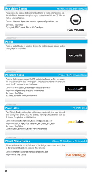 56
Pan Vision Games
Springdale, Miffy’s world, Pinchcliffe Grand prix
Services / Key Titles:
Contact: Mathias Styrström, mathias.styrstrom@panvision.com
Pan Vision is the leading distributor and publisher of home entertainment pro-
ducts in Nordic. We’re currently looking for buyers of our Wii and DS titles as
well as sellers of games.
Knerten, iPhone, Mobile Device
Parrot
Parrot, a global leader in wireless devices for mobile phones, stands on the
cutting edge of innovation.
Personal Audio
high ﬁdelity 3D audio, headphonesKeywords:
3D Audio, Surround sound, Headphones
Services / Key Titles:
Contact: Simon Carlile, simon@personalaudio.com.au
Personal Audio creates research led 3D audio technologies. MyEars is a paten-
ted solution delivered as a subscription SAAS providing naturalistic and fully
immersive 7.1 surround to any headphone.
iPhone, PC, PC Browser Game
Pixel Tales
XBLA, PSN, PS3, X360, Wii, PC Online, DSi, PSPKeywords:
Quizball: Goal!, Switchball, Barbie Horse Adventures
Services / Key Titles:
Contact: Hannes Kristoferson, hannesk@pixeltales.com
Pixel Tales is Stockholm-based versatile development studio that have shipped
over twenty titles on PC, PS2, Wii and PS3 working with publishers such as
Activision, Sony Online, and PAN Vision.
PC, PSN, XBLA
Planet Nemo Games
Game StudioKeywords:
Contact: Marc Boucharlat, marc@planetnemo.com
We are an interactive studio dedicated to the design, creation and production
of digital content targeted to kids and their families.
iPhone, Mobile Device, Nintendo DS
Livre_Directory_2010_110x210mm.indb 56 3/11/10 17:05:42
 