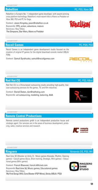 59
Rebellion
FPS, action, adventure, matureKeywords:
The Simpsons, Star Wars, Aliens vs Predator
Services / Key Titles:
Contact: Jason Kingsley, jason@rebellion.co.uk
Rebellion is Europe’s No. 1 independent game developer, with award winning
cross platform technology. Rebellion’s most recent title is Aliens vs Predator on
Xbox 360, PS3 and PC for Sega.
®
PC, PS3, Xbox 360
Recoil Games
Contact: Samuli Syvähuoko, samuli@recoilgames.com
Recoil Games is an independent game development studio focused on the
creation of original IP games for the digital download console market (XBLA/
PSN).
PC, PSN, PS3
Red Hot CG
art outsourcing, modeling, texturing, AAAKeywords:
Contact: Daniel Staton, dan@redhotcg.com
Red Hot CG is a China-based outsourcing studio providing high-quality, low-
cost outsourcing services for the games, TV, and film industries.
PC, PS3, XBox
Remote Control Productions
Remote control productions gmbh is an independent production house and
strategic agent. Our services are in the areas of business development, produ-
cing, sales, creative services and research.
Ringzero
Real time 3d, Music games, Educational gamesKeywords:
My First Songs (Wii), Core Blaster (PSP Minis), Sticky (XBLA / PS3)
Services / Key Titles:
Contact: Franck Blaevoet, franck.b@rznet.com
Real time 3D (Shooter on Unity 3) - Music games (Karaoke, Rhythm, Dancing
games) - Casual games (Quizz, Brain training, Strategic, Mini games) – Educa-
tional games (Mini games)
Nintendo DS, PS3, Wii
Livre_Directory_2010_110x210mm.indb 59 3/11/10 17:05:57
 