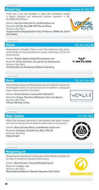 68
Virtual Toys
DS, Wii, Xbox 360, PSP, PS3 and iPhoneKeywords:
Imagine Fashion Designer/Fashion Party, Pet Rescue: Wildlife Vet, Ener-G
Horse Riders
Services / Key Titles:
Contact: Fabriciano Bayo García, fani@virtualtoys.net
Virtual Toys is the lead developer in Spain with development studios
in Madrid, Barcelona and Valencia,and extensive experience in DS,
Wii,XB360,PS3,PSP,iPhone.
Nintendo DS, PS3, Wii
Virtuos
3D Art, Animation, Concept Art, Co-DevelopmentKeywords:
Art & Animation, Co-Development, Software Engineering
Services / Key Titles:
Contact: Philippe Angely, philippe@virtuosgames.com
Headquartered in Shanghai, Virtuos is one of the largest and most interna-
tional providers of outsourced production services, specializing in 3D Art and
Co-development.
PS3, Wii, Xbox 360
Voxler
Singing Rap Game, Middleware, Voice and SpeechKeywords:
X Factor / We Sing / U-Sing
Services / Key Titles:
Contact: Nicolas Delorme, nicolas.delorme@voxler.fr
Voxler develops Singing and Musical Games and vocal interaction solutions for
the Videogame Industry. Our voice solutions are cross platforms: singing game
engine, speech recognition, voice effects.
PS3, Wii, Xbox 360
Wake Studios
Developer, 3D platformer, XBLA, PSN, PCKeywords:
Galaxy Scraper
Services / Key Titles:
Contact: Beata Gonzalez-Blanco, beata@wake-studios.com
Official Xbox Developer specialized on downloadable video games’ develop-
ment. We are offering a 3D cool platformer whose levels are living planets.
PC, PSN, XBLA
Wargaming.net
strategy, mmoKeywords:
Massive Assault Network 2, Operation Bagration, Order Of War
Services / Key Titles:
Contact: Marat Karpeka, mkarpeko@wargaming.net
Wargaming.net is specialized in strategy genre which allowed us to master the
principles of making truly enjoyable computer games.
PC
Livre_Directory_2010_110x210mm.indb 68 3/11/10 17:06:43
 