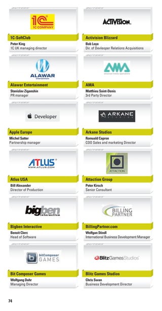74
1C-SoftClub
Peter King
1C UK managing director
Activision Blizzard
Bob Loya
Dir. of Devleoper Relations Acquisitions
Alawar Entertainment
Stanislav Ziganshin
PR manager
AMA
Matthieu Saint-Denis
3rd Party Director
Apple Europe
Michel Sutter
Partnership manager
Arkane Studios
Romuald Capron
COO Sales and marketing Director
Atlus USA
Bill Alexander
Director of Production
Attaction Group
Peter Kirsch
Senior Consultant
Bigben Interactive
Benoit Clerc
Head of Software
BillingPartner.com
Wolfgan Stindl
International Business Development Manager
Bit Composer Games
Wolfgang Duhr
Managing Director
Blitz Games Studios
Chris Swan
Business Development Director
Livre_Directory_2010_110x210mm.indb 74 3/11/10 17:10:51
 
