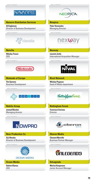 79
Navarre Distribution Services
Al Engleman
Director of Business Development
Neopica
Peter Vermeulen
Managing Director
Netville
Nikolay Trusov
CEO
Nexway
Laurent Jorda
International Acquisition Manager
Nintendo of Europe
Tim Symons
Business Development
Nival Network
Nikolay Pegasov
Head of Media department
Nobilis Group
arnaud Blacher
Managing director
Nottingham Forest
Francisco Encinas
Director
Now Production Co
Eiji Ohnobu
Director of Business Development
Oberon Media
Clement Merville
Business Partner Manager
Ocean Media
Vedran Klanac
CEO
OnLegends
Marina Koopmann
Junior Account Manager
Livre_Directory_2010_110x210mm.indb 79 3/11/10 17:11:17
 