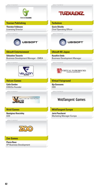 82
Travian Publishing
Thorsten Feldmann
Licensing Director
Turbulenz
Gavin Shields
Chief Operating Ofﬁcer
Ubisoft Entertainment
Sébastien Tasserie
Business Development Manager - EMEA
Ubisoft KK Japan
Kazuhiro Ueda
Business Development Manager
Valcon Games
Colin Gordon
COO/Co-Founder
®
Virtual Fairground
Ilja Goossens
CEO
Vivid Games
Remigiusz Koscielny
CEO
WildTangent Europe
Joris Peucheret
Marketing Manager Europe
Zoo Games
Pierre Roux
VP Business Development
Livre_Directory_2010_110x210mm.indb 82 3/11/10 17:11:44
 