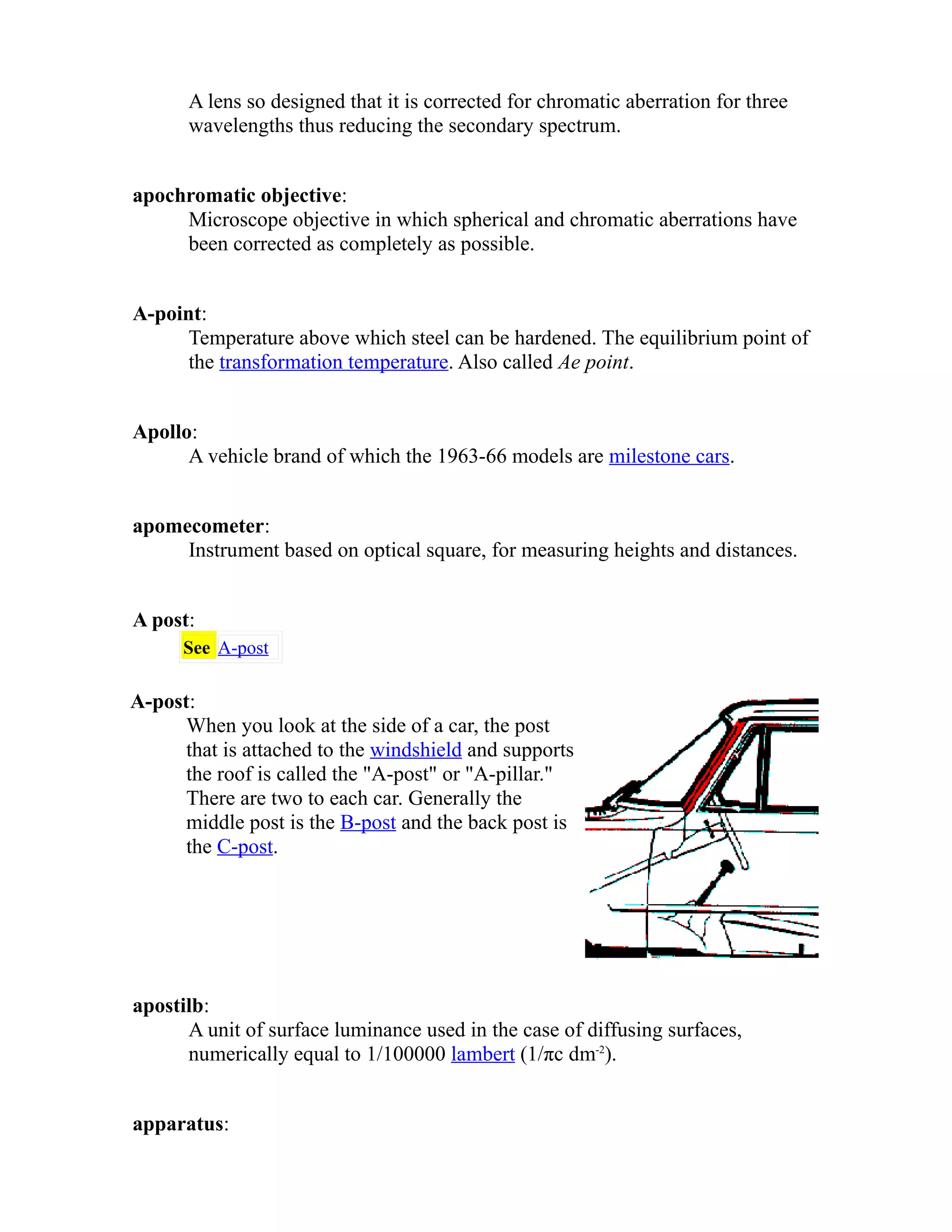 A lens so designed that it is corrected for chromatic aberration for three 
wavelengths thus reducing the secondary spectrum. 
apochromatic objective: 
Microscope objective in which spherical and chromatic aberrations have 
been corrected as completely as possible. 
A-point: 
Temperature above which steel can be hardened. The equilibrium point of 
the transformation temperature. Also called Ae point. 
Apollo: 
A vehicle brand of which the 1963-66 models are milestone cars. 
apomecometer: 
Instrument based on optical square, for measuring heights and distances. 
A post: 
See A-post 
A-post: 
When you look at the side of a car, the post 
that is attached to the windshield and supports 
the roof is called the "A-post" or "A-pillar." 
There are two to each car. Generally the 
middle post is the B-post and the back post is 
the C-post. 
apostilb: 
A unit of surface luminance used in the case of diffusing surfaces, 
numerically equal to 1/100000 lambert (1/πc dm-2). 
apparatus: 
 