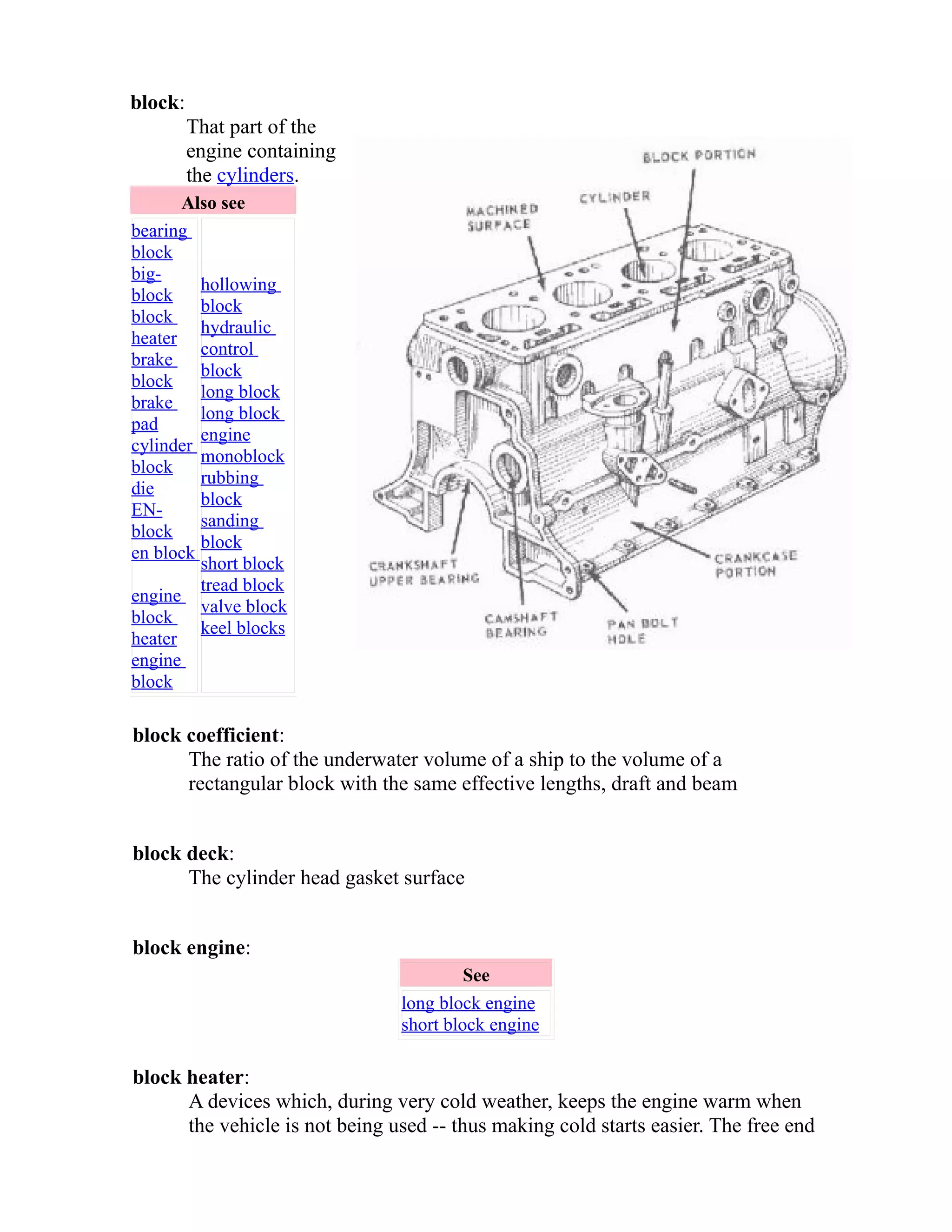block: 
That part of the 
engine containing 
the cylinders. 
Also see 
bearing 
block 
big-block 
block 
heater 
brake 
block 
brake 
pad 
cylinder 
block 
die 
EN-block 
en block 
engine 
block 
heater 
engine 
block 
hollowing 
block 
hydraulic 
control 
block 
long block 
long block 
engine 
monoblock 
rubbing 
block 
sanding 
block 
short block 
tread block 
valve block 
keel blocks 
block coefficient: 
The ratio of the underwater volume of a ship to the volume of a 
rectangular block with the same effective lengths, draft and beam 
block deck: 
The cylinder head gasket surface 
block engine: 
See 
long block engine 
short block engine 
block heater: 
A devices which, during very cold weather, keeps the engine warm when 
the vehicle is not being used -- thus making cold starts easier. The free end 
 