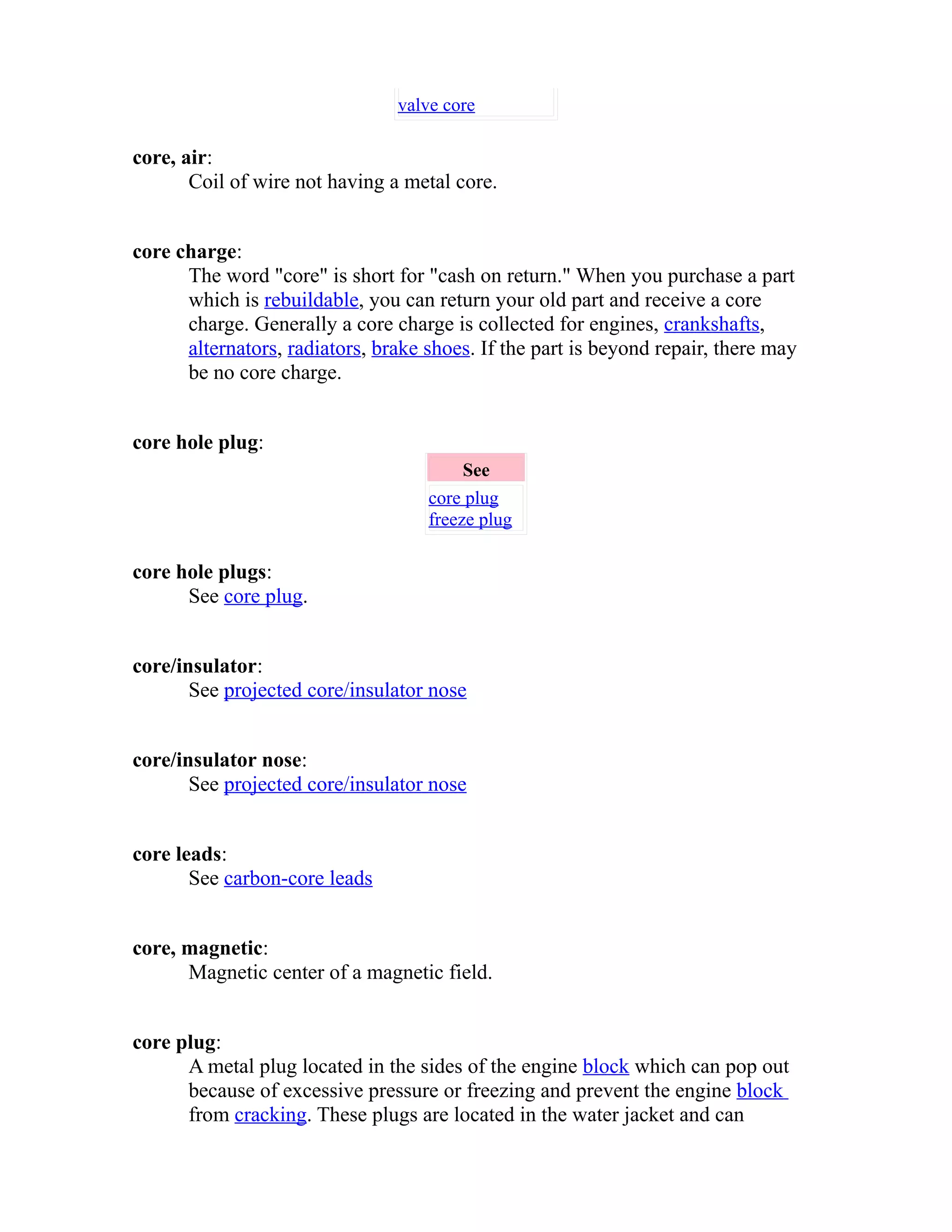 valve core 
core, air: 
Coil of wire not having a metal core. 
core charge: 
The word "core" is short for "cash on return." When you purchase a part 
which is rebuildable, you can return your old part and receive a core 
charge. Generally a core charge is collected for engines, crankshafts, 
alternators, radiators, brake shoes. If the part is beyond repair, there may 
be no core charge. 
core hole plug: 
See 
core plug 
freeze plug 
core hole plugs: 
See core plug. 
core/insulator: 
See projected core/insulator nose 
core/insulator nose: 
See projected core/insulator nose 
core leads: 
See carbon-core leads 
core, magnetic: 
Magnetic center of a magnetic field. 
core plug: 
A metal plug located in the sides of the engine block which can pop out 
because of excessive pressure or freezing and prevent the engine block 
from cracking. These plugs are located in the water jacket and can 
 