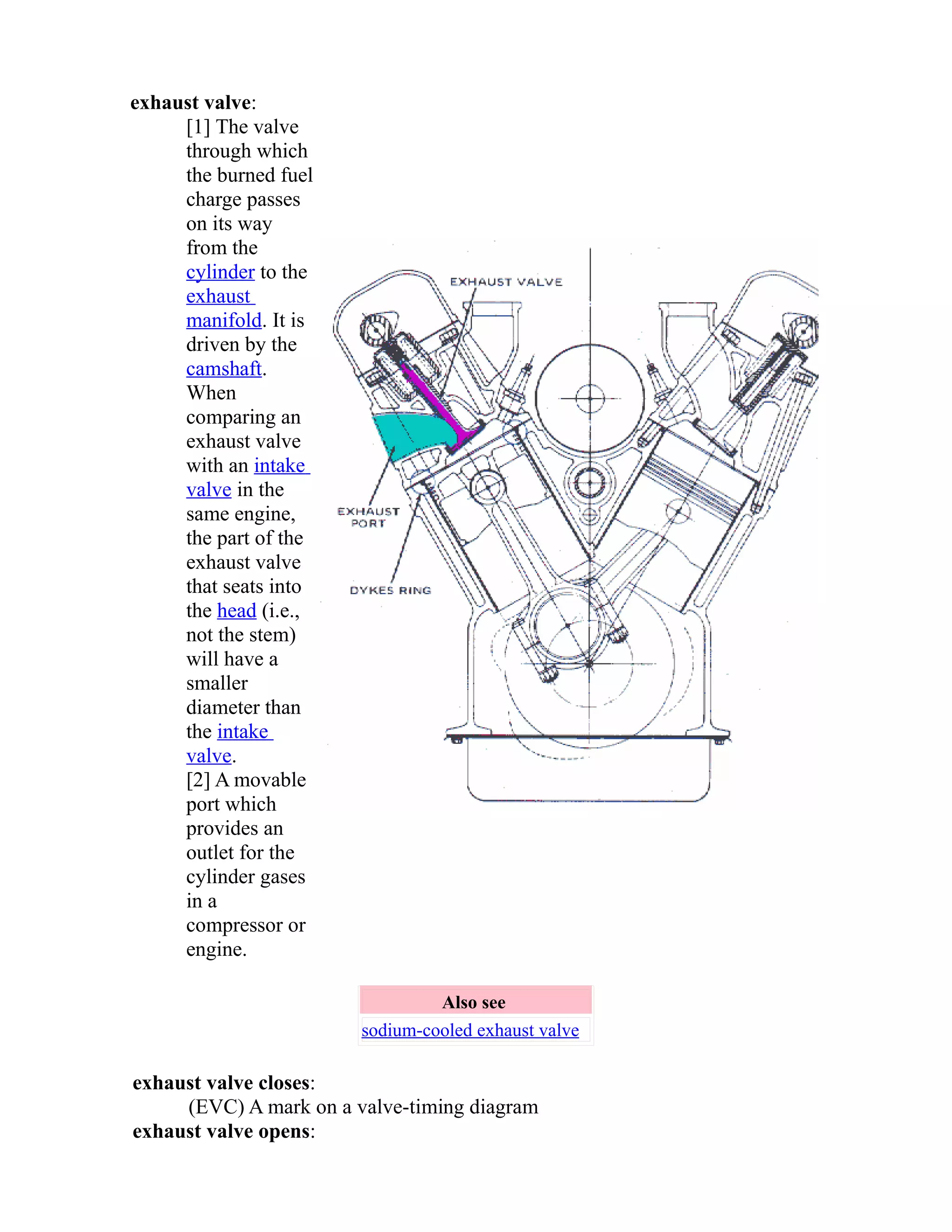 exhaust valve: 
[1] The valve 
through which 
the burned fuel 
charge passes 
on its way 
from the 
cylinder to the 
exhaust 
manifold. It is 
driven by the 
camshaft. 
When 
comparing an 
exhaust valve 
with an intake 
valve in the 
same engine, 
the part of the 
exhaust valve 
that seats into 
the head (i.e., 
not the stem) 
will have a 
smaller 
diameter than 
the intake 
valve. 
[2] A movable 
port which 
provides an 
outlet for the 
cylinder gases 
in a 
compressor or 
engine. 
Also see 
sodium-cooled exhaust valve 
exhaust valve closes: 
(EVC) A mark on a valve-timing diagram 
exhaust valve opens: 
 