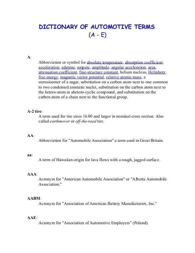 DIRECTORY OF AUTOMOBILE WORDS