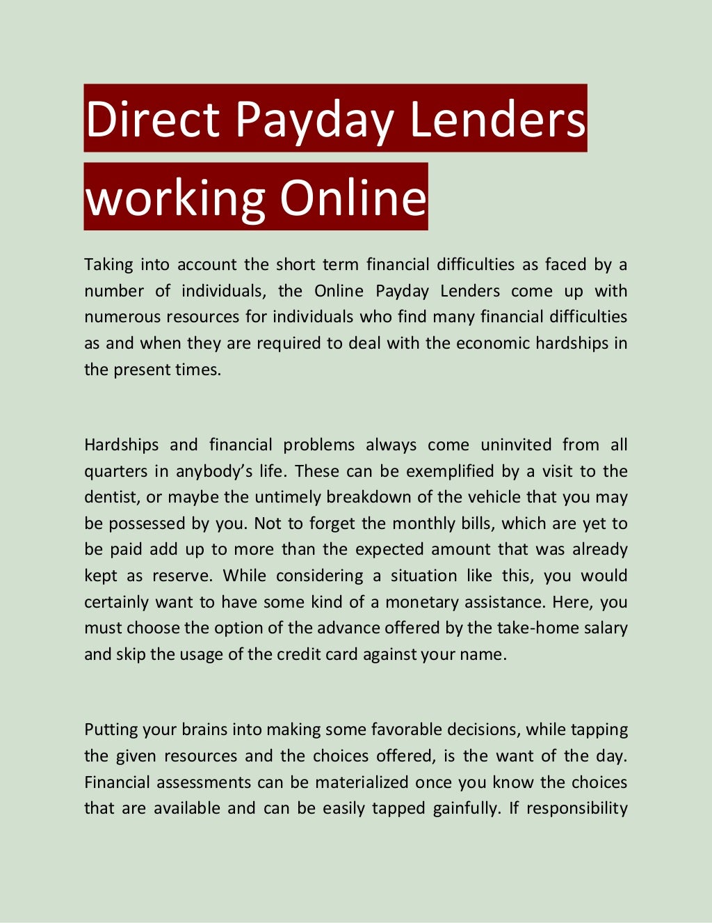 Direct payday lenders working online