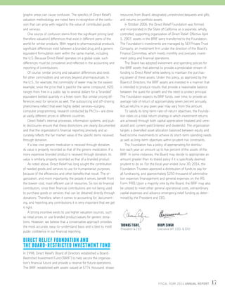 FISCAL YEAR 2014 ANNUAL REPORT 17
graphic areas can cause confusion. The specifics of Direct Relief’s
valuation methodology are noted here in recognition of the confu-
sion that can arise with regard to the value of contributed goods
and services.
	 One source of confusion stems from the significant pricing (and
therefore valuation) differences that exist in different parts of the
world for similar products. With regard to pharmaceutical products,
significant differences exist between a branded drug and a generic
equivalent formulation even within the same market, including
the U.S. Because Direct Relief operates on a global scale, such
differences must be considered and reflected in the accounting and
reporting of contributions.
	 Of course, similar pricing and valuation differences also exist
for other commodities and services beyond pharmaceuticals. In
the U.S., for example, the commodity of water may be the easiest
example, since the price that is paid for the same compound, H2O,
ranges from free in a public tap to several dollars for a “branded”
equivalent bottled quantity in a hotel room. But similar pricing dif-
ferences exist for services as well. The outsourcing and off-shoring
phenomena reflect that even highly skilled services—surgery,
computer programming, research conducted by Ph.D.s— are done
at vastly different prices in different countries.
	 Direct Relief’s internal processes, information systems, and pub-
lic disclosures ensure that these distinctions are clearly documented
and that the organization’s financial reporting precisely and ac-
curately reflects the fair market value of the specific items received
through donation.
	 If a low-cost generic medication is received through donation,
its value is properly recorded as that of the generic medication. If a
more expensive branded product is received through donation, its
value is similarly properly recorded as that of a branded product.
	 As noted above, Direct Relief has long sought the contribution
of needed goods and services to use for humanitarian purposes
because of the efficiencies and other benefits that result. The or-
ganization, and more importantly the people it serves, benefit from
the lowest-cost, most efficient use of resources. So too do financial
contributors, since their financial contributions are not being used
to purchase goods or services that can be obtained directly through
donations. Therefore, when it comes to accounting for, document-
ing, and reporting any contributions it is very important that we get
it right.
	 A strong incentive exists to use higher valuation sources, such
as retail prices, or use branded product values for generic dona-
tions. However, we believe that a conservative approach provides
the most accurate, easy-to-understand basis and is best to instill
public confidence in our financial reporting.
DIRECT RELIEF FOUNDATION AND
THE BOARD-RESTRICTED INVESTMENT FUND
In 1998, Direct Relief’s Board of Directors established a Board-
Restricted Investment Fund (“BRIF”) to help secure the organiza-
tion’s financial future and provide a reserve for future operations.
The BRIF, established with assets valued at $774 thousand, draws
THOMAS TIGHE,
President  CEO
BHUPI SINGH
Executive VP, COO,  CFO
resources from Board-designated unrestricted bequests and gifts,
and returns on portfolio assets.
	 In October 2006, the Direct Relief Foundation was formed
and incorporated in the State of California as a separate, wholly
controlled, supporting organization of Direct Relief. Effective April
1, 2007, assets in the BRIF were transferred to the Foundation.
The Foundation’s investments are managed by SEI Private Trust
Company, an investment firm under the direction of the Board’s
Finance Committee, which meets monthly and oversees invest-
ment policy and financial operations.
	 The Board has adopted investment and spending policies for
the BRIF assets that attempt to provide a predictable stream of
funding to Direct Relief while seeking to maintain the purchas-
ing power of these assets. Under this policy, as approved by the
Board of Directors, the BRIF assets are invested in a manner that
is intended to produce results that provide a reasonable balance
between the quest for growth and the need to protect principal.
The Foundation expects its BRIF funds, over time, to provide an
average rate of return of approximately seven percent annually.
Actual returns in any given year may vary from this amount.
	 To satisfy its long-term rate-of-return objectives, the Founda-
tion relies on a total return strategy in which investment returns
are achieved through both capital appreciation (realized and unre-
alized) and current yield (interest and dividends). The organization
targets a diversified asset allocation balanced between equity and
fixed income investments to achieve its short-term spending needs
as well as long-term objectives within prudent risk constraints.
	 The Foundation has a policy of appropriating for distribu-
tion each year an amount up to five percent of the assets of the
BRIF. In some instances, the Board may decide to appropriate an
amount greater than its stated policy if it is specifically deemed
prudent to do so. For the fiscal year ended June 30, 2014, the
Foundation Trustees approved a distribution of funds to pay for
all fundraising, and approximately $250 thousand of administra-
tion expenses (management and general expenses on the IRS
Form 990). Upon a majority vote by the Board, the BRIF may also
be utilized to meet other general operational costs, extraordinary
capital expenses and advance emergency relief funding as deter-
mined by the President and CEO.
 