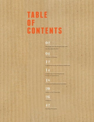 table
of
contents
02
Message from the Board Chair and
the President & CEO
04
The Year in Review
12
Expanding Access & Quality Healthcare
14
Introduction & Certification of
Financial Statements
18
Combined Statement of Activities
20
Notes to the Financials
26
Investors
42
Guiding Principles
 